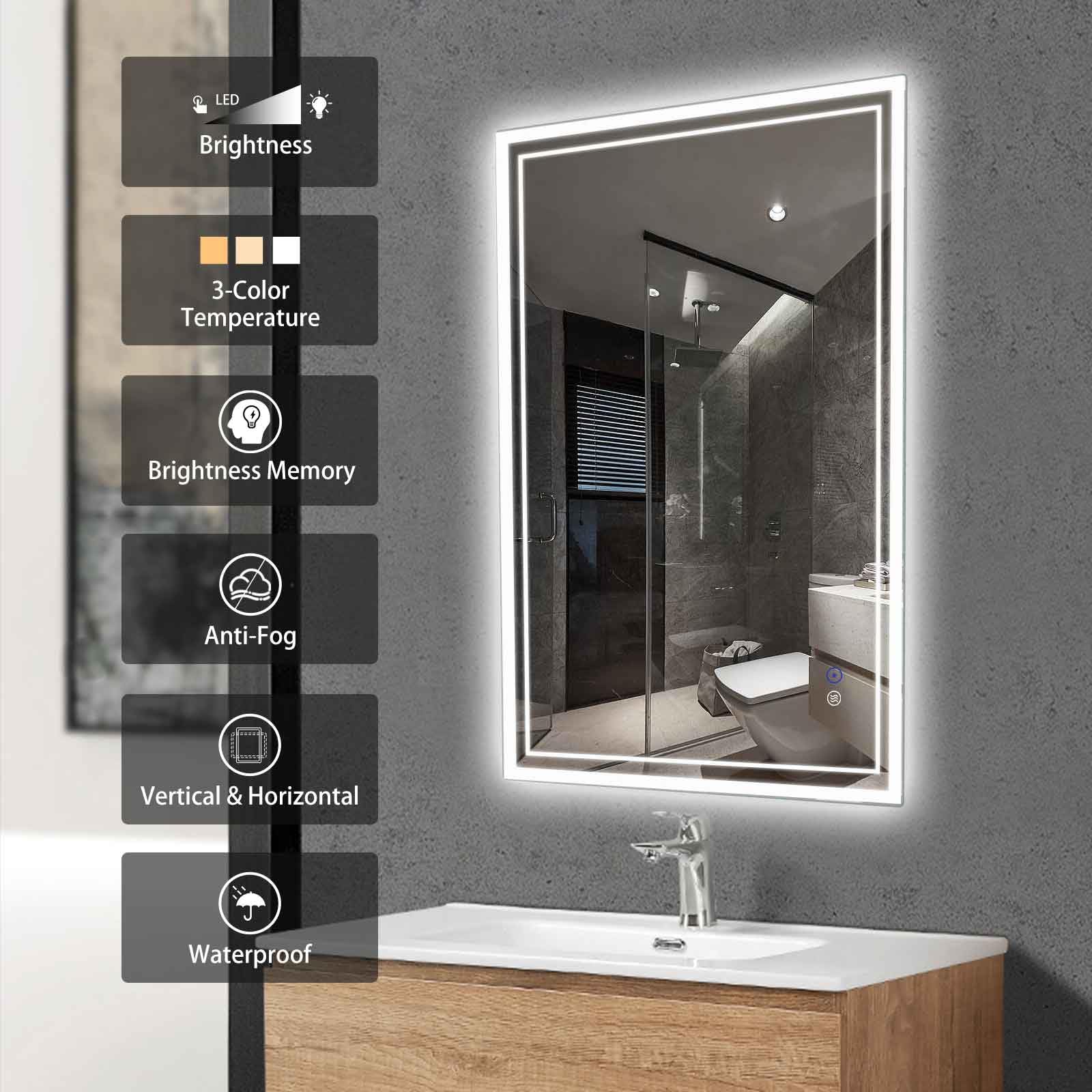 Elefloom Led Bathroom Mirror, 28X20 Inch Front And Backlit Lighted Vanity Mirror, Anti-Fog Dimmable 3 Colors Cri>90 Wall Mounted