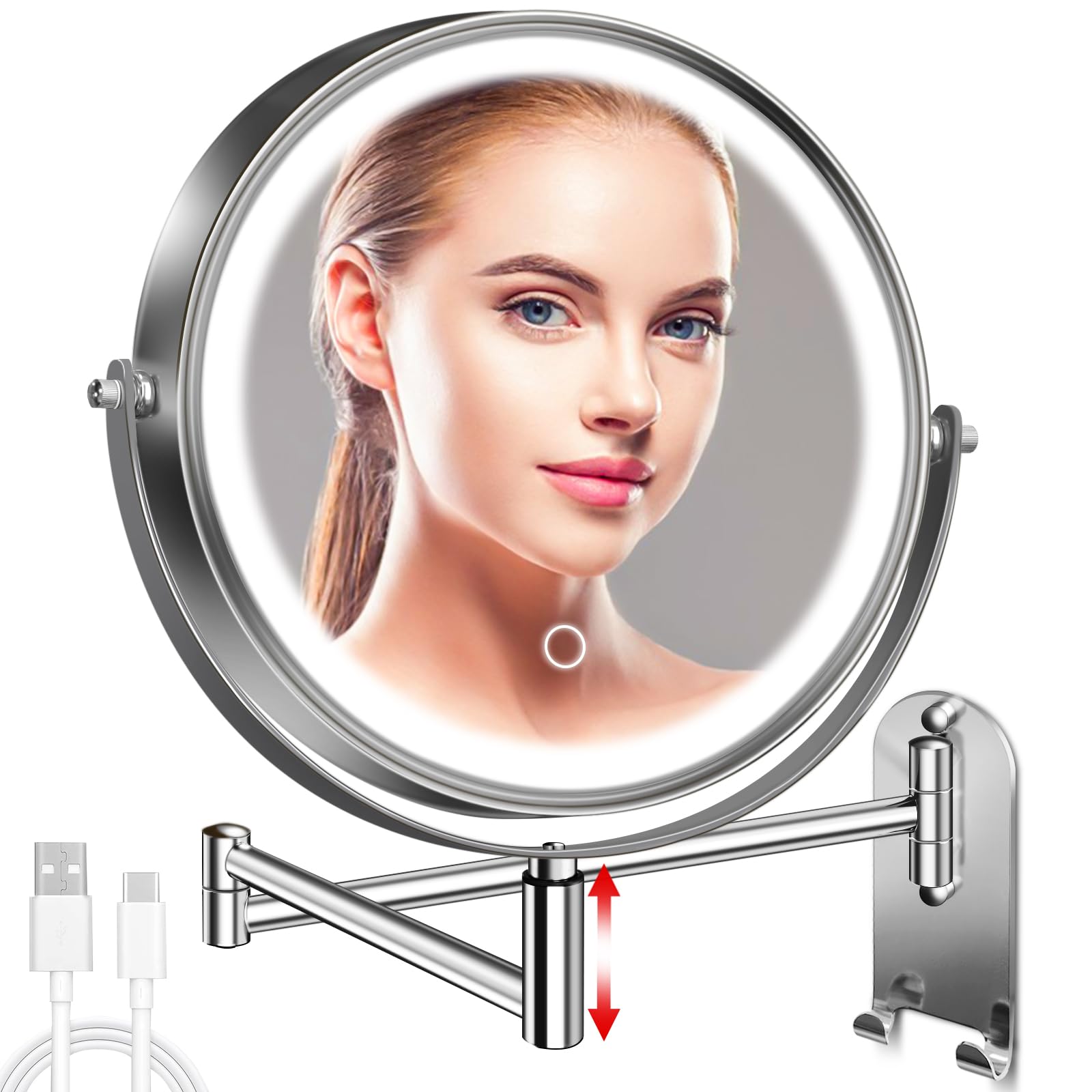 Conlwin 9'' Wall Mounted Lighted Makeup Mirror, 3000Mah Rechargeable Double Sided 1X/10X Magnifying Mirror With Hook,3 Color Lig