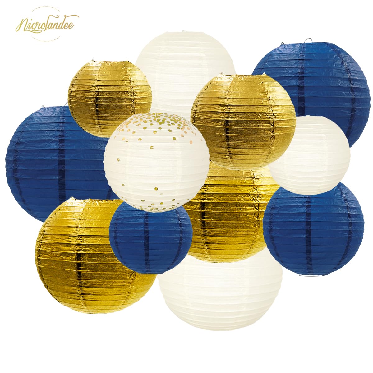 NICROLANDEE Party Decorations - 12PCS Navy Blue Gold Glitter Hanging Paper Lanterns for Graduation Decoration, Birthday, Bridal