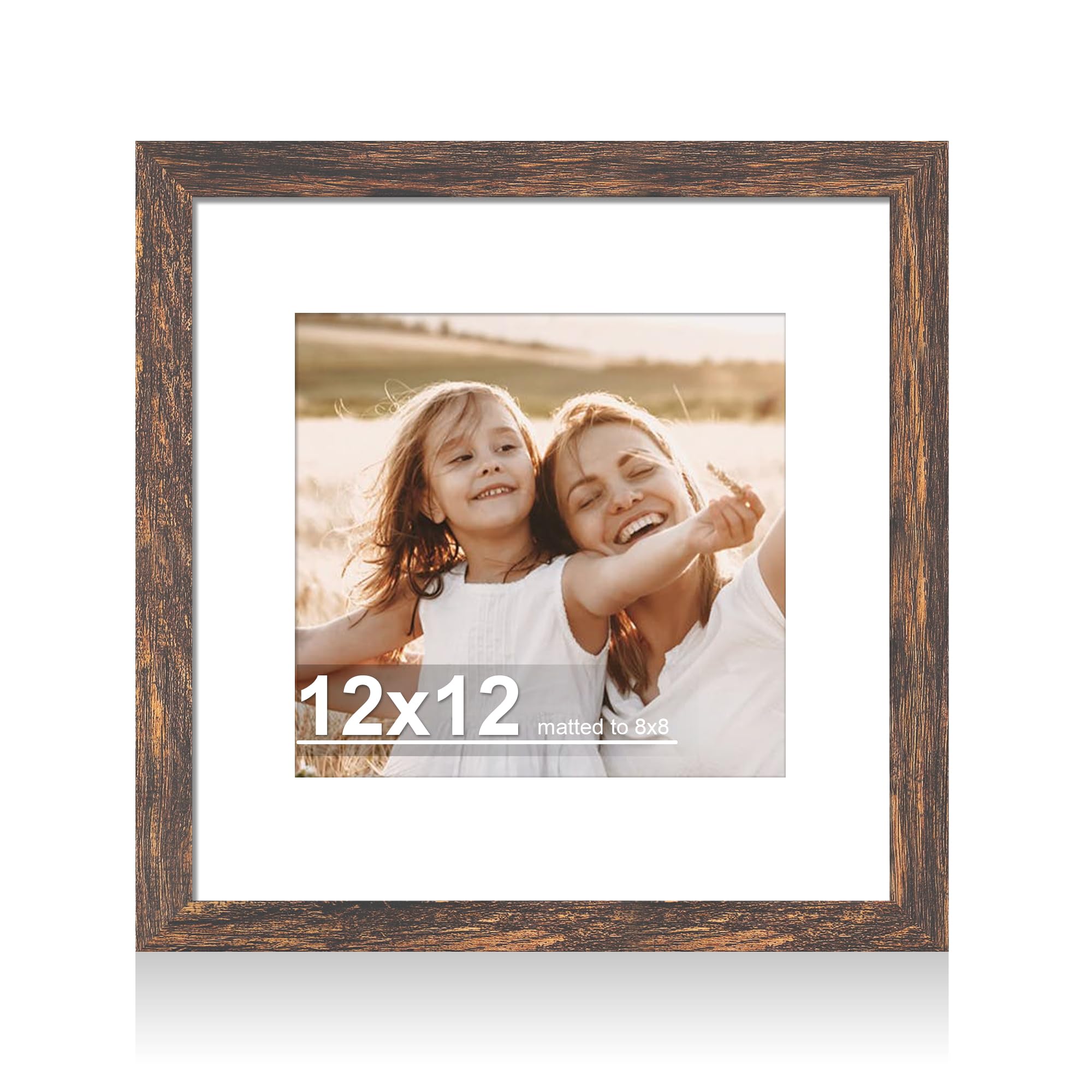 Hongkee 12x12 Picture Frame with Real Glass - 8x8 Wooden Frame with Mat, Horizontal and Vertical Display for Wall or Tabletop (R