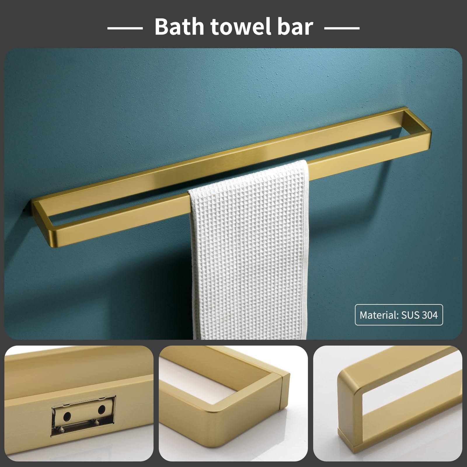Yacvcl Bathroom Hardware Set Brushed Gold 4-Piece Towel Bar Set Square Bathroom Accessories Kit Stainless Steel Wall Mounted