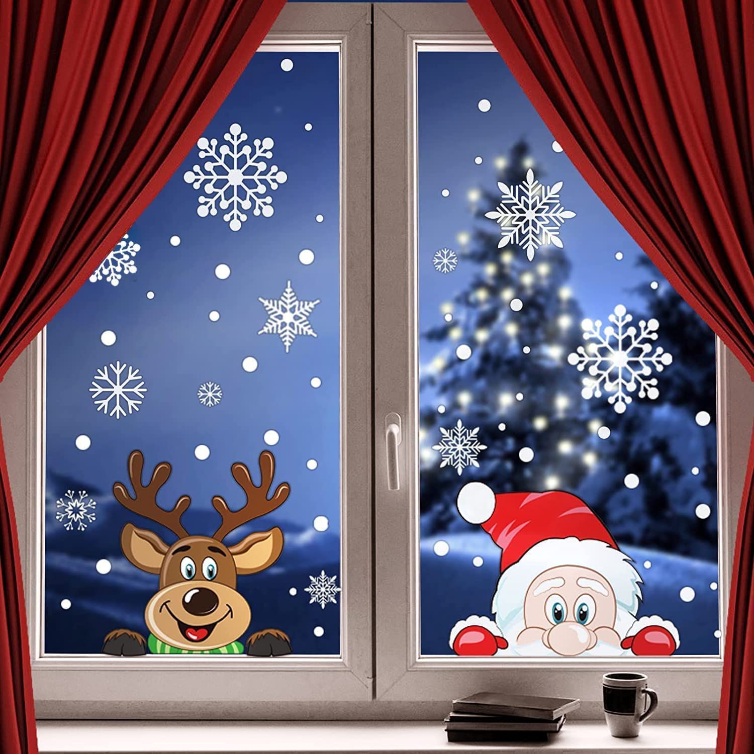 300 PCS 8 Sheet Christmas Snowflake Window Cling Stickers for Glass, Xmas Decals Decorations Holiday Snowflake Santa Claus Reind