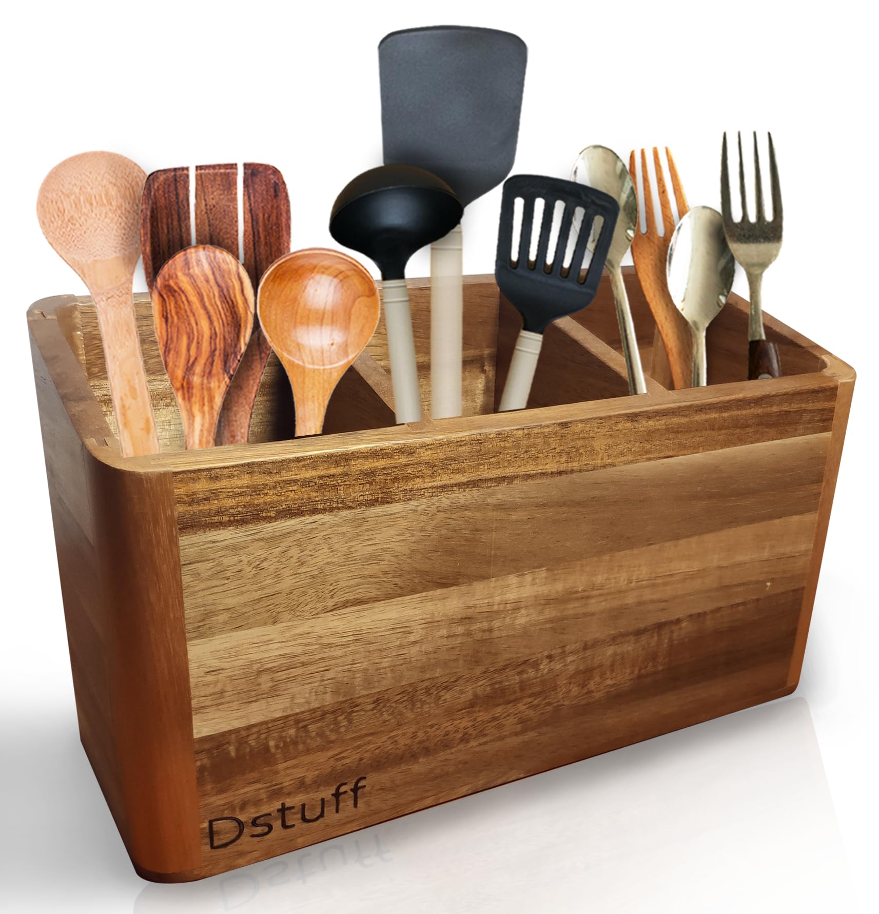 Dstuff Large Kitchen Utensil Holder Organizer For Counter Or Countertop, Large Wooden Utensil Holder For Storage Cooking And Sil