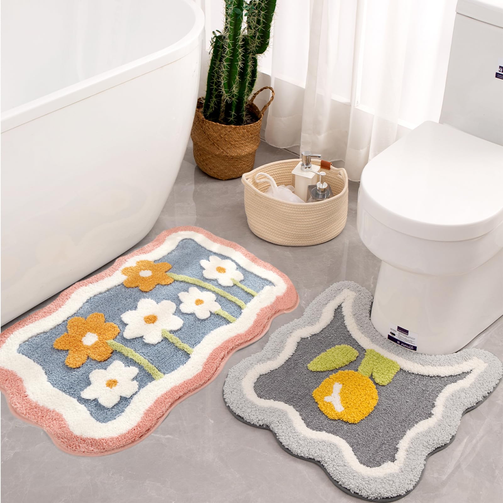 Bathroom Rug Set 2 Piece, Soft Pink Cute Bath Mat And U-Shaped Contour Toilet Rug, Absorbent Microfiber Plush Bath Rug Set, Non-