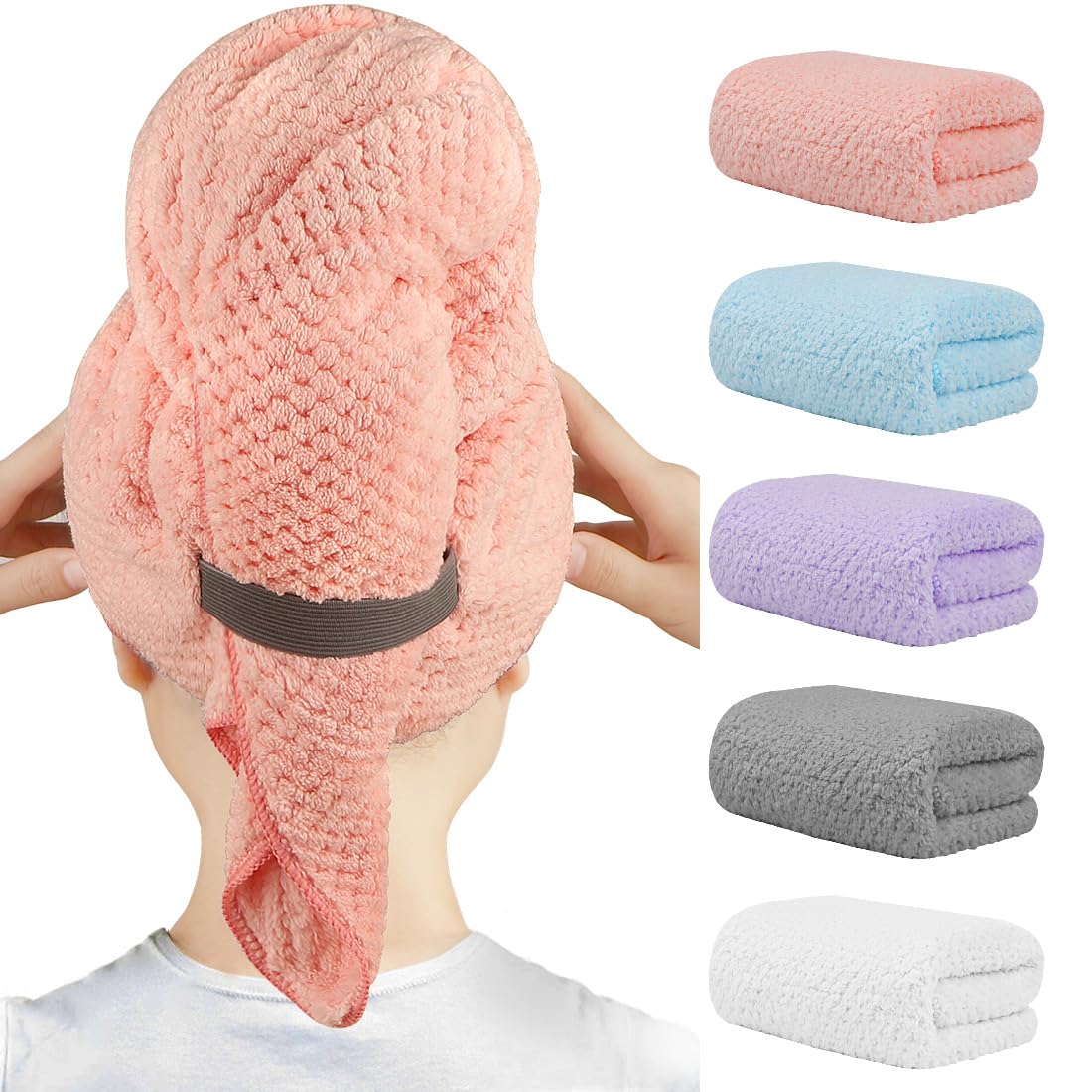 HOMEXCEL 5 Pack Microfiber Hair Towels - 40 x 20 inches Super Soft, Fast Drying Turbans for Long, Thick, Curly Hair - Anti Frizz