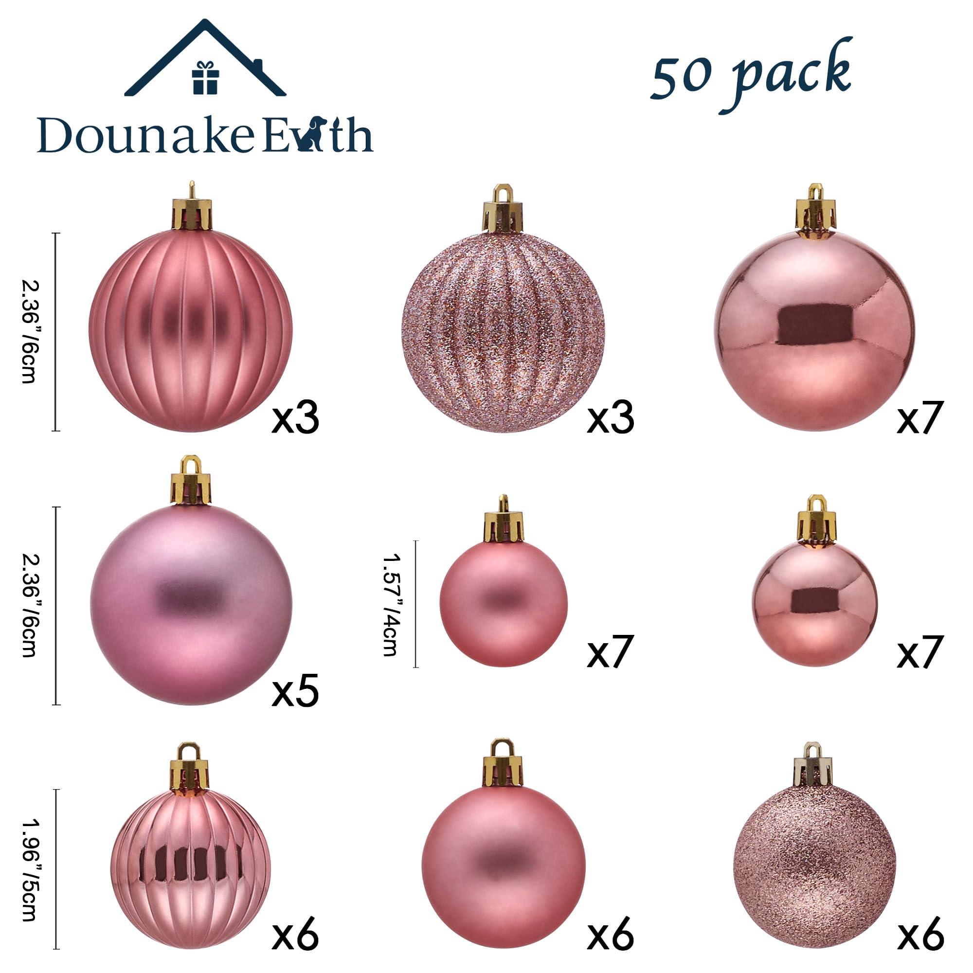 DounakeEvth 50ct Pink Christmas Balls Ornaments for Xmas Tree, Shatterproof Christmas Tree Decorations Hanging Ball for Holiday
