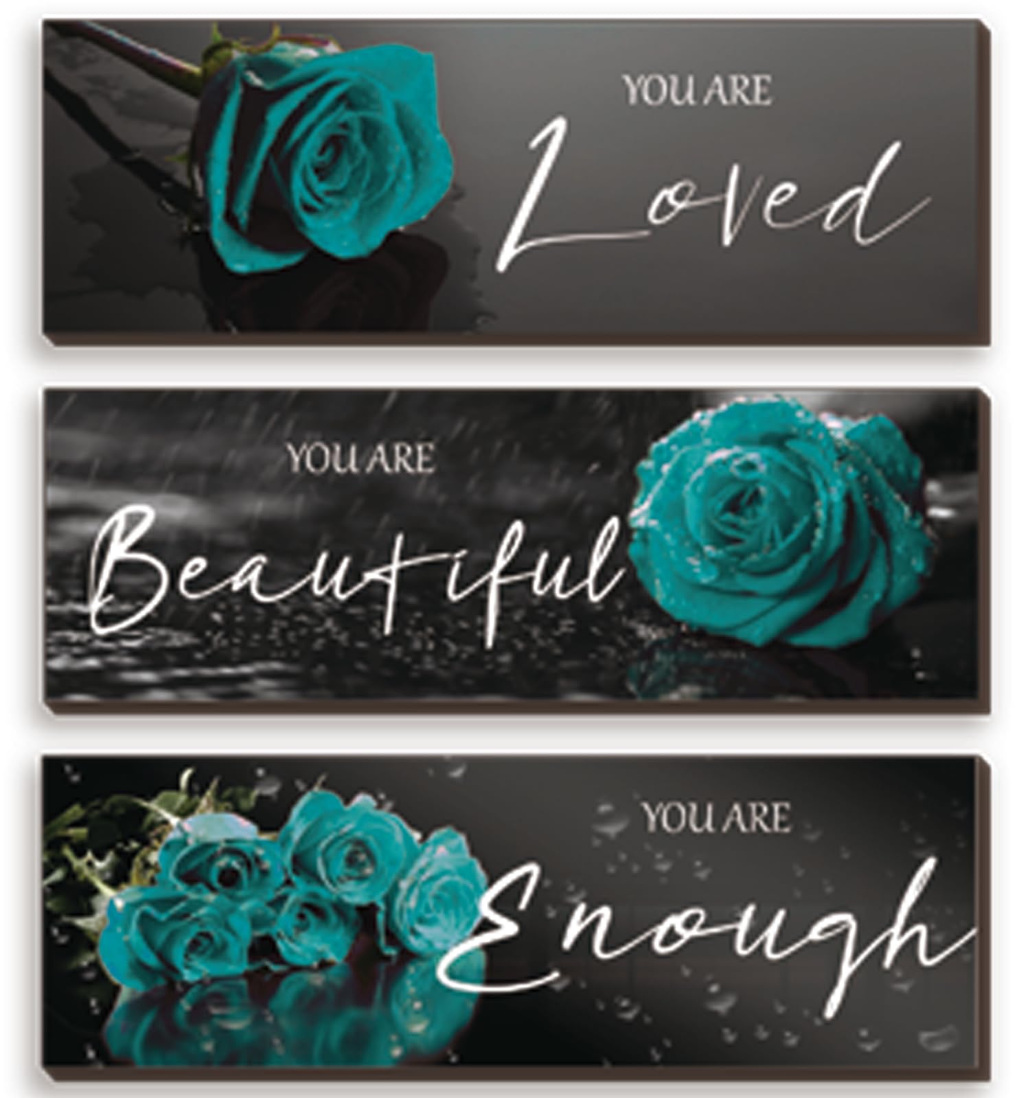 3 Pieces Teal Wall Decor Inspirational Teal Roses Bathroom Decor Wooden Wall Art Positive Quotes You Are Loved You Are Beautiful