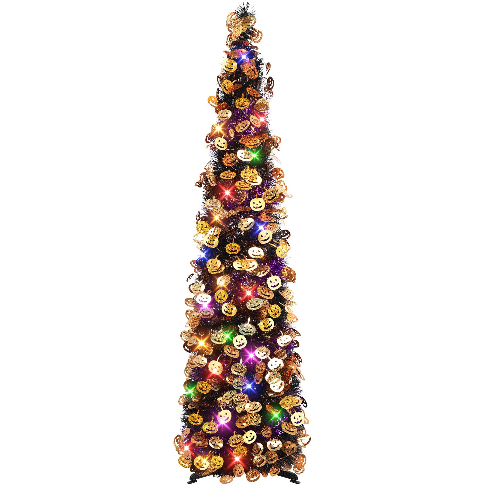 N&T NIETING Halloween Tree Decorations with 100LED Lights 5FT Pop Up with Timer & 8 Modes Collapsible Pencil Tinsel Trees with H