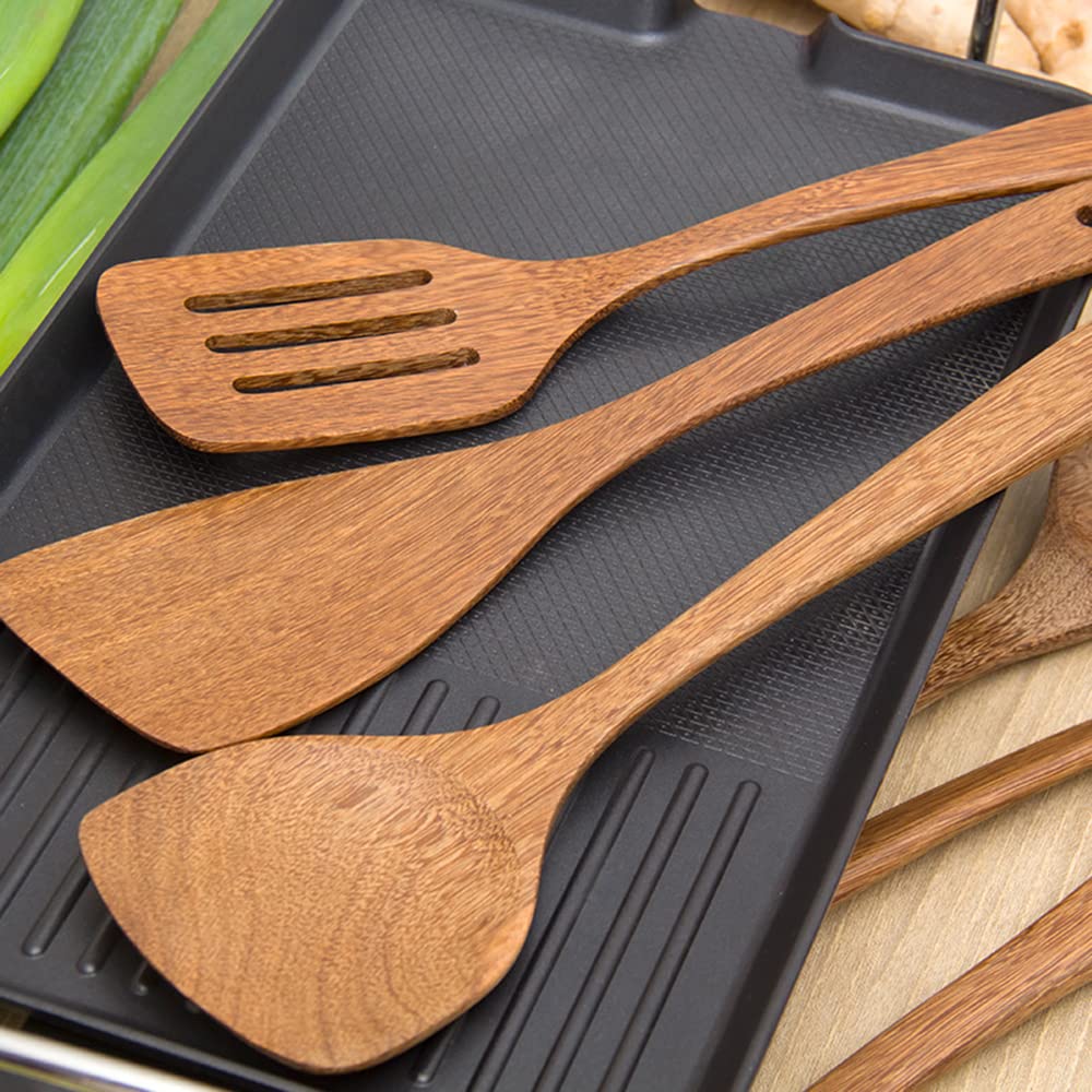 Wooden Spatula For Non Stick Cookware,Wood Utensils Set For Cooking,Long Handle Flat Frying Inclined Spatula,Healthy And High Mo