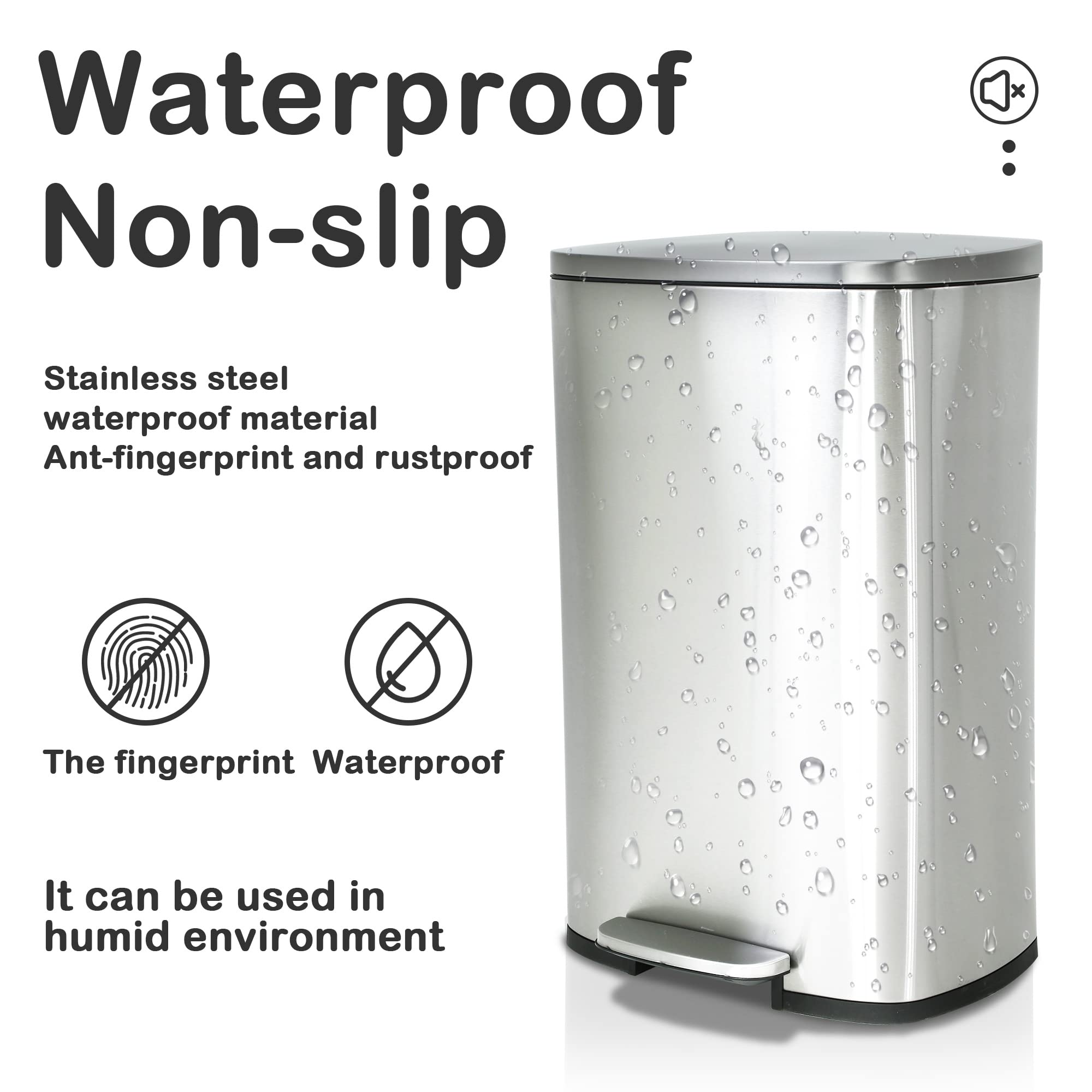 Biqwbic 50 Liter / 13 Gallon Kitchen Trash Can, Stainless Steel With Lid, Foot Pedal And Inner Bucket, Fingerprint-Resistant Sof