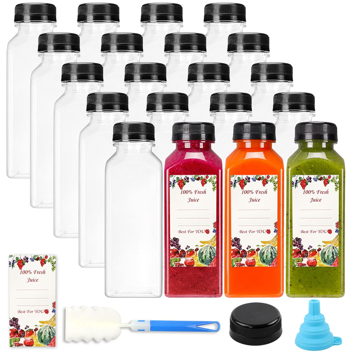 Superlele 20Pcs 12Oz Empty Plastic Juice Bottles With Caps, Reusable Water Bottles, Clear Bulk Drink Containers With Black Tampe