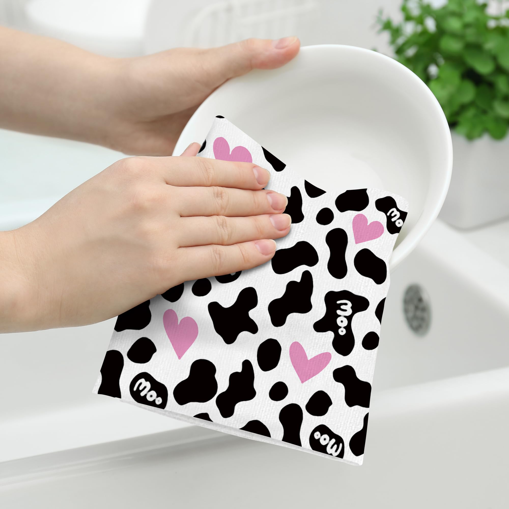 Cow Print Pink Heart Decorative Kitchen Towels With Hanging Loop Set Of 2, Soft Absorbent Dish Towels For Kitchen Drying,Kitchen