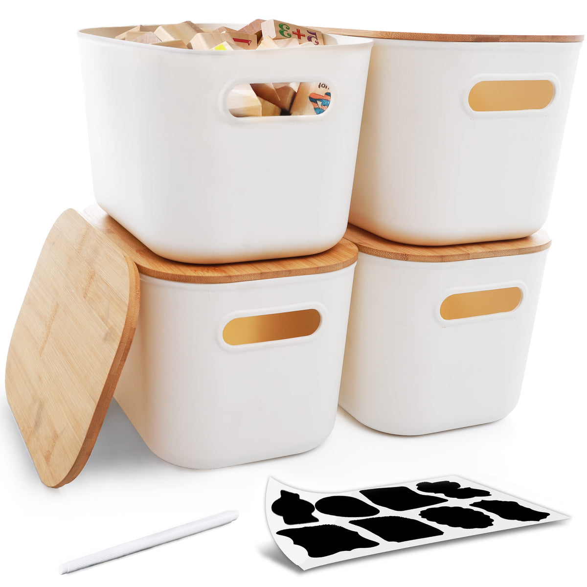 Citylife 4 Pcs Storage Bins With Bamboo Lids Plastic Storage Containers For Organizing Stackable Storage Box With Handle, 10.12