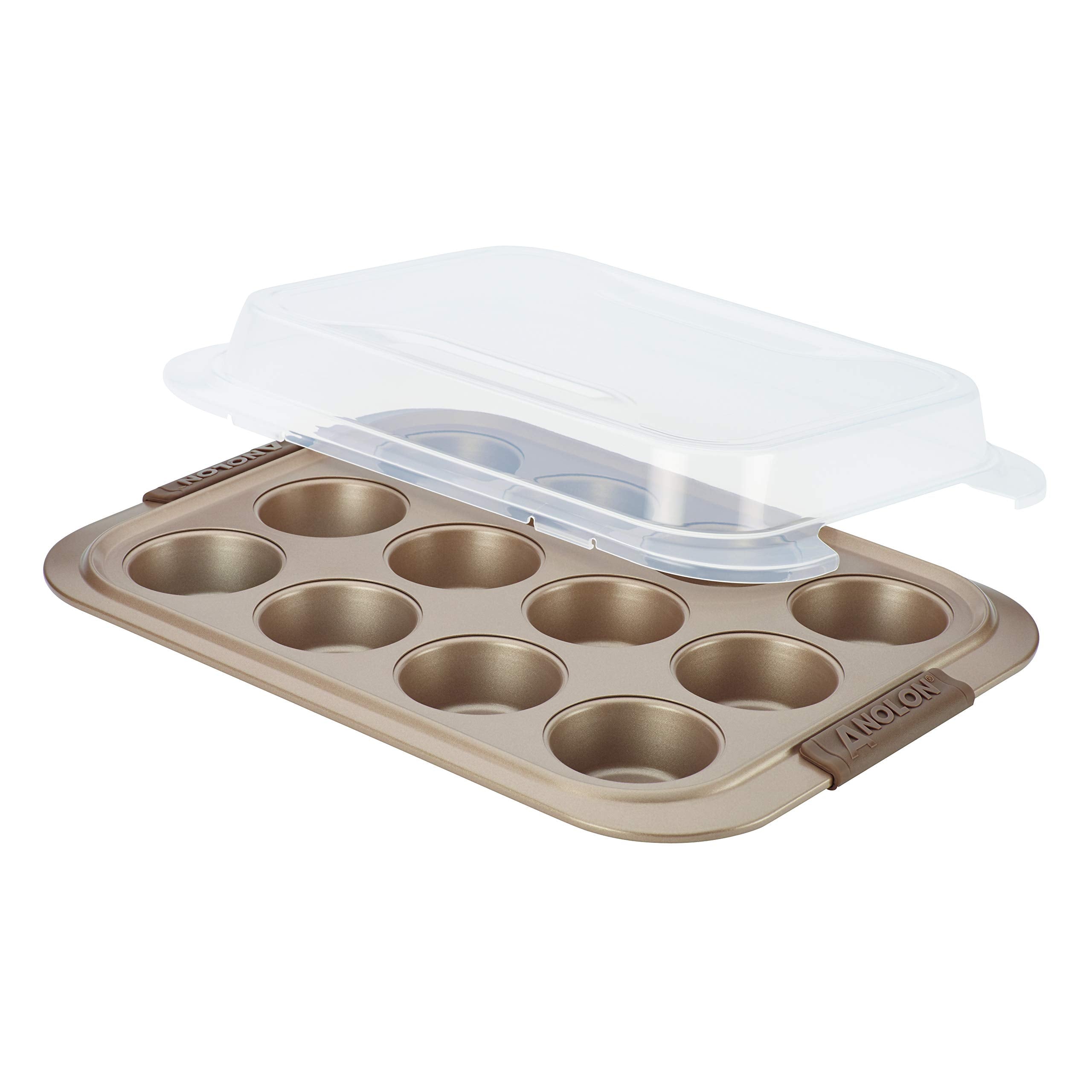 Anolon Bronze Nonstick 12-Cup Muffin Tin With Silicone Grips And Lid / Nonstick 12-Cup Cupcake Tin With Silicone Grips And Lid -