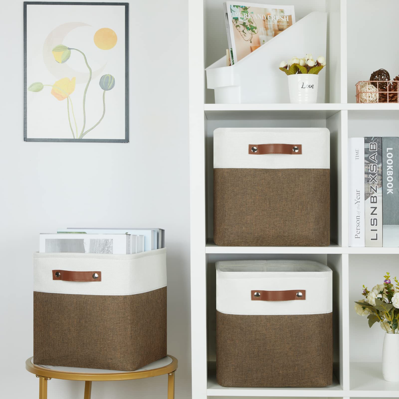 HNZIGE Fabric Baskets Storage Cubes Baskets Set(4 Pack) Large Cube Baskets for Shelves 13x13x13 Storage Cube Bins for Storage with Leather Handles for Home  Toys  Clothes  Kids Room  Closet Storage(White&Beige)