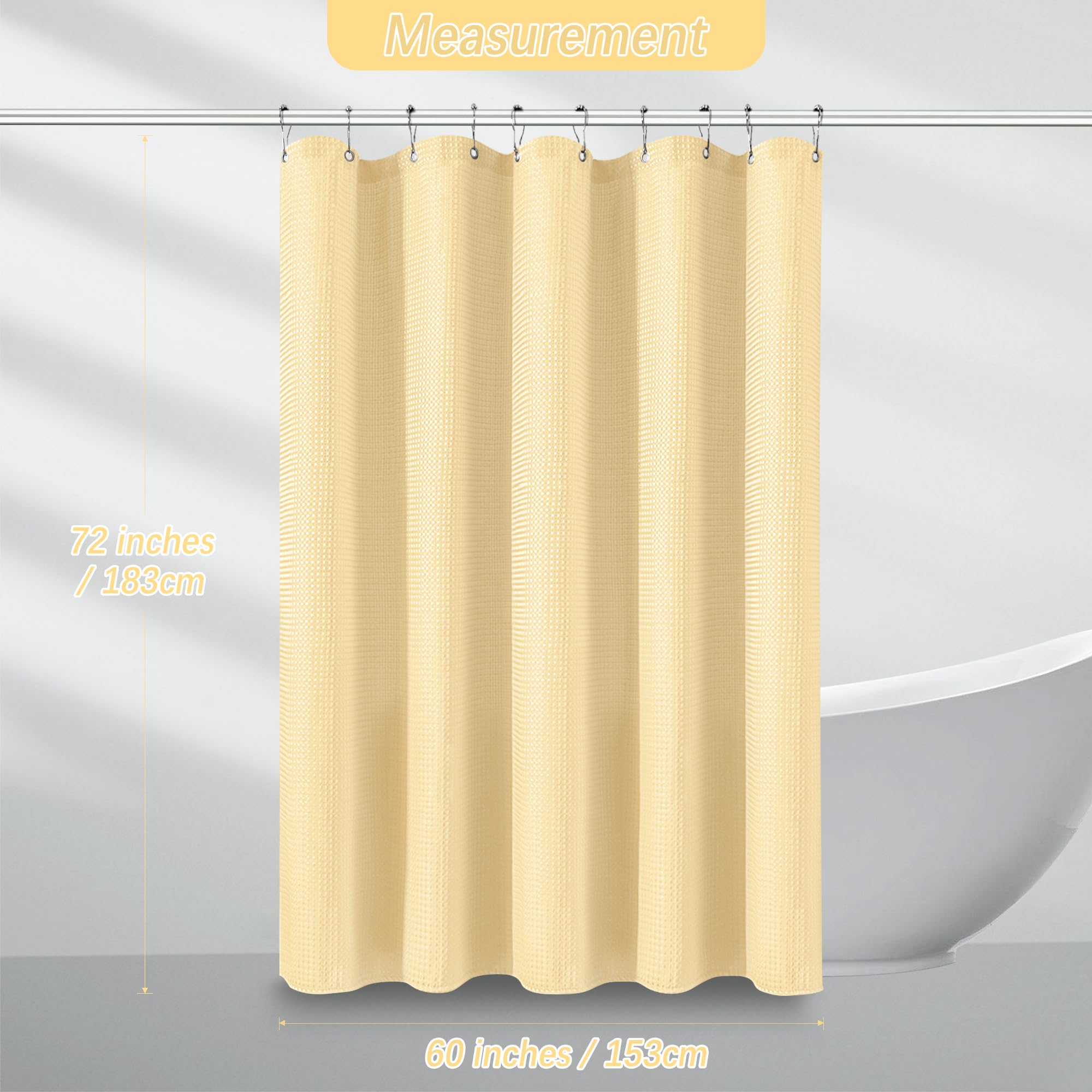 Neutral Fabric Shower Curtain For Bathroom Stall, 60 Inche Waffle Weave Shower Curtain Beige, Machine Washable Waterproof 256Gsm