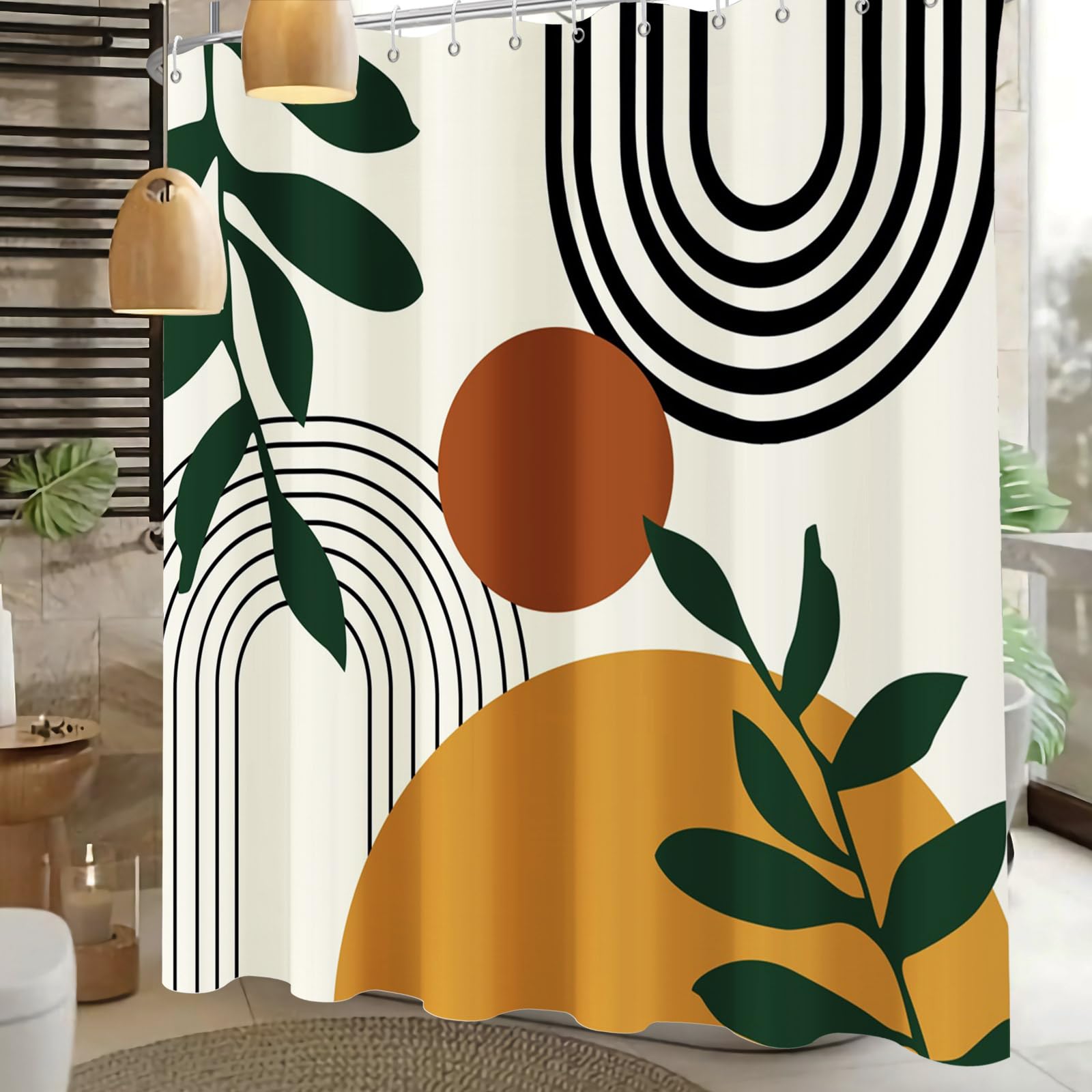 Necsole Shower Curtain Boho Shower Curtains For Bathroom Mid Century Moon Leaf Fabric Shower Curtains Sets Beige Modern Minimali