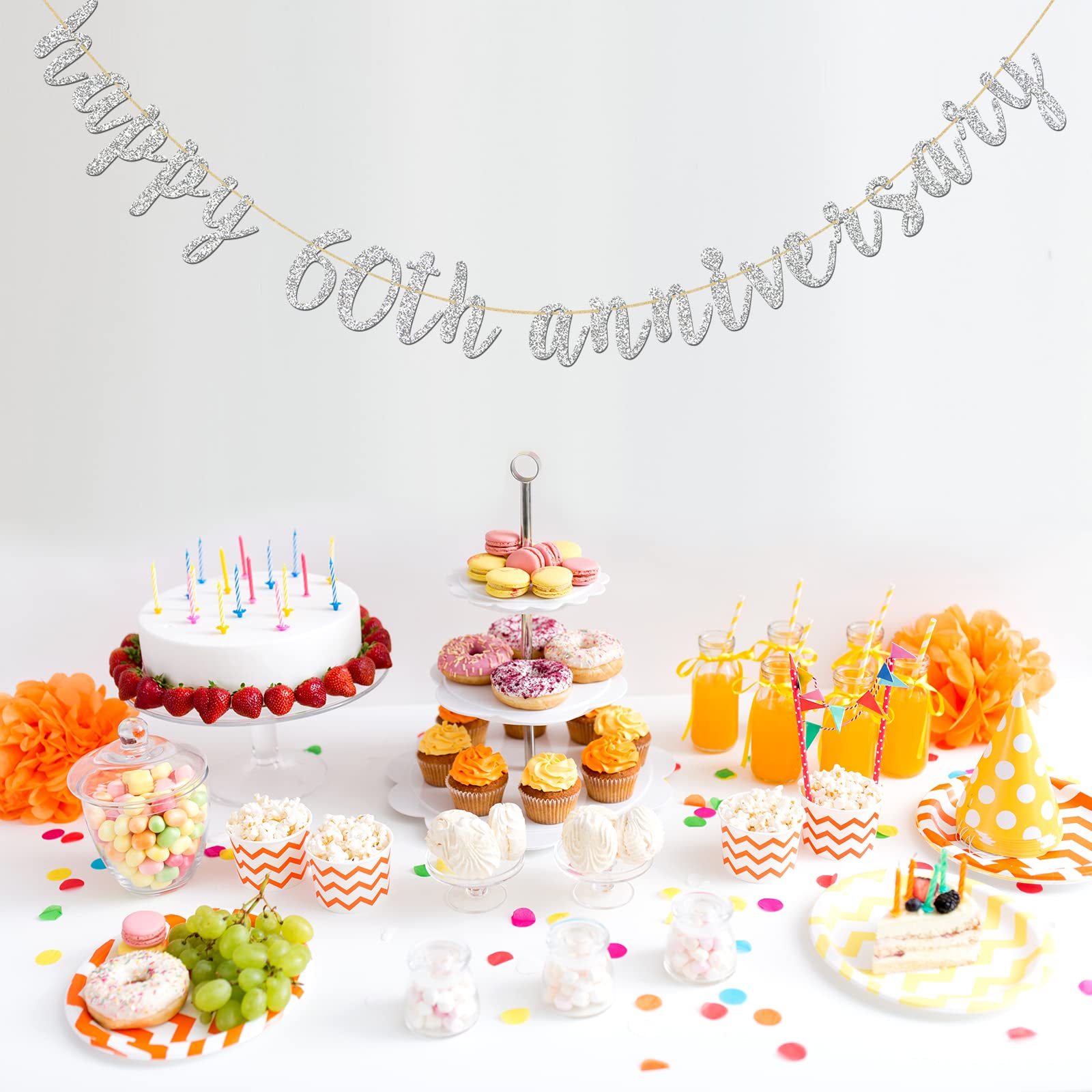 Innoru Glitter Silver Happy 60Th Anniversary Banner - Sixty Sign - 60Th Birthday Banner - 60Th Wedding Anniversary Party Bunting