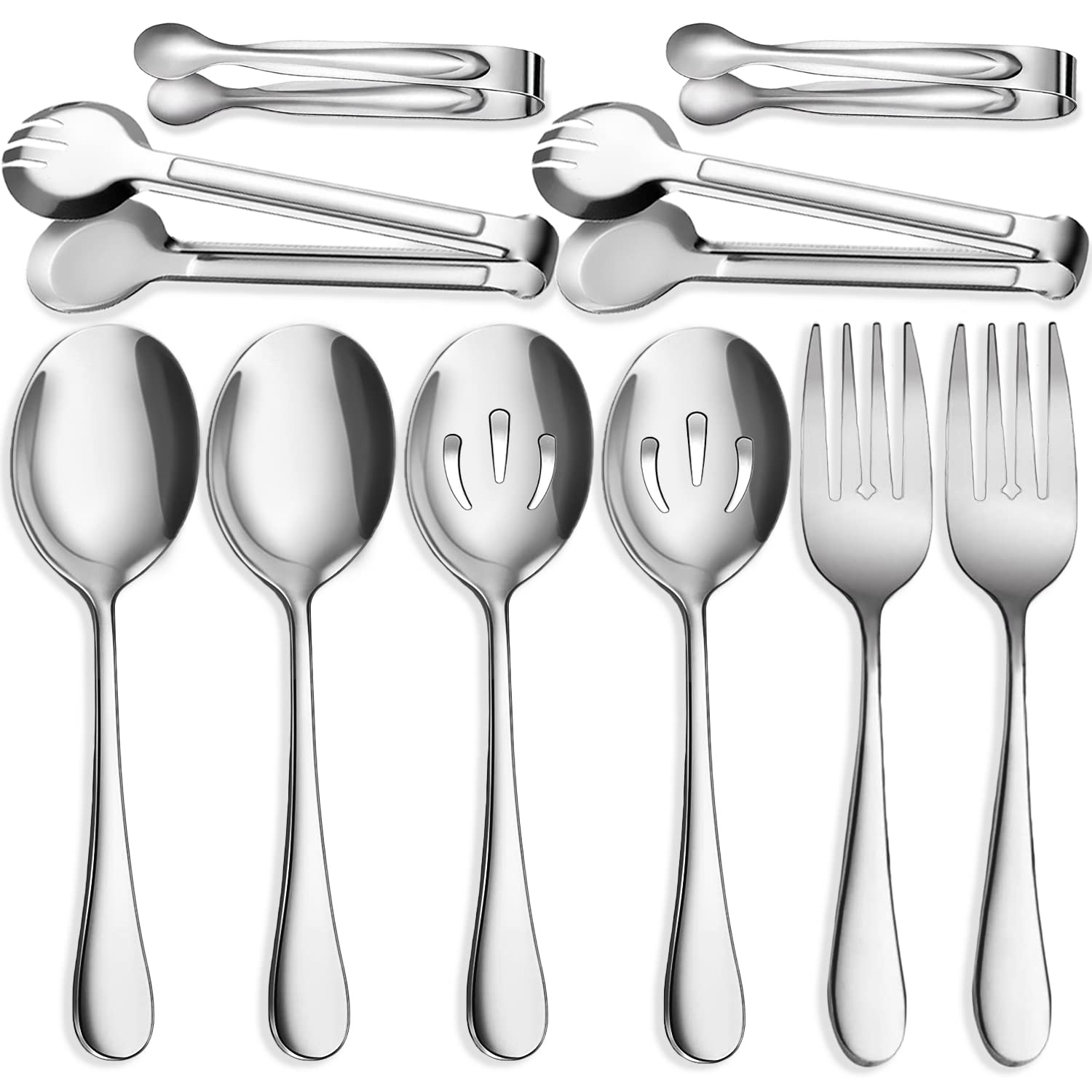 Iaxsee 10 Pcs Stainless Steel Serving Utensils, Large Serving Spoons Slotted Spoons, Serving Forks, Serving Tongs, Ice Suger Ton