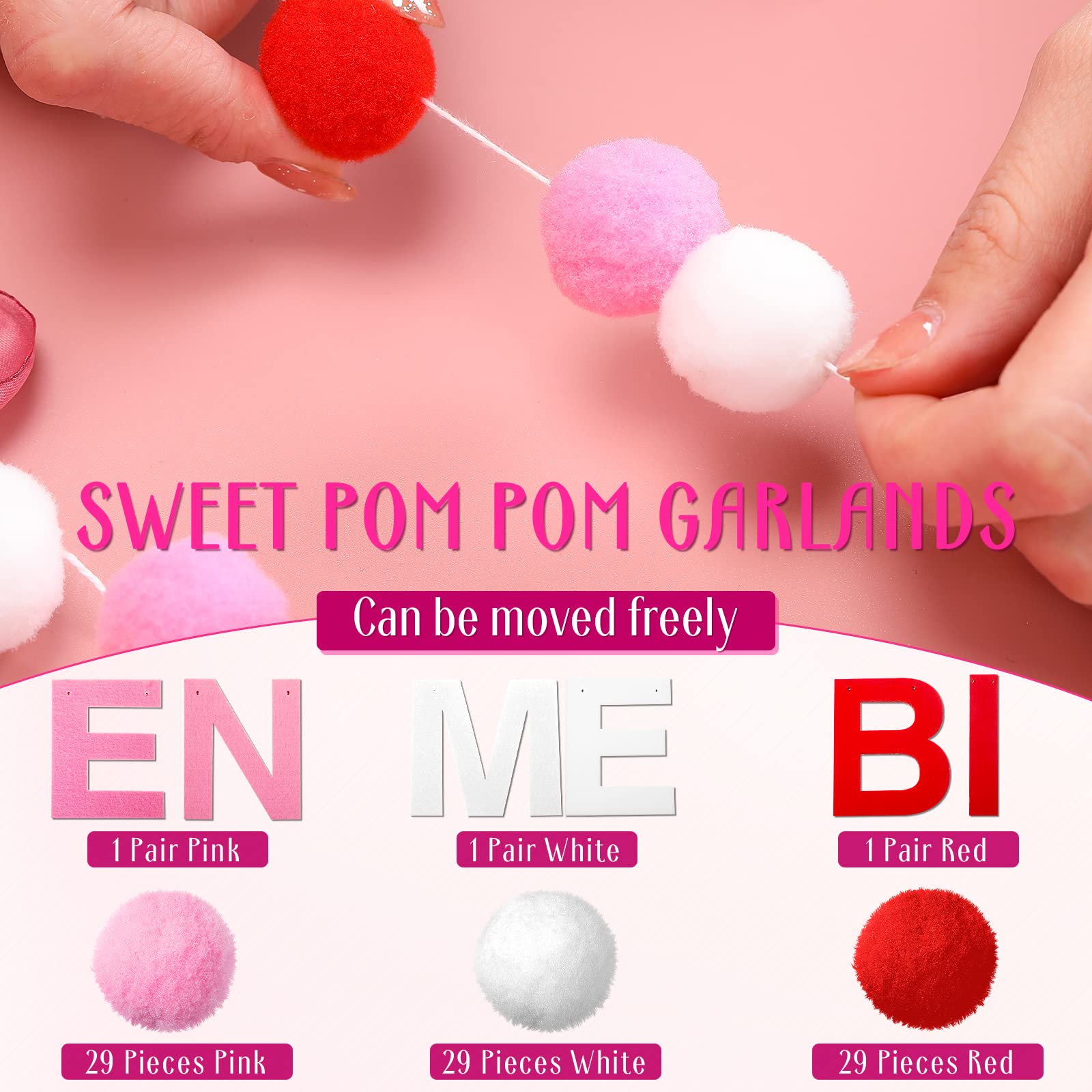 Breling 3 Pieces Valentine'S Day Garland Felt Ball Garland, 10Ft Pompom Garland Valentines Decorations Banner For Mantle Firepla