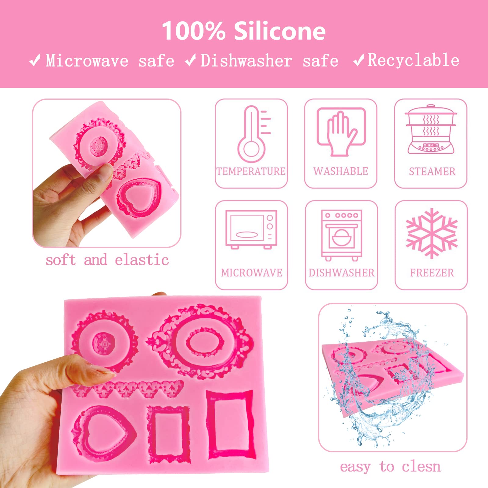 European Style Mirror Frame Fondant Molds For Cake Decorating, Baroque Embossed Love Heart Photo Silicone Mold For Wedding Cake