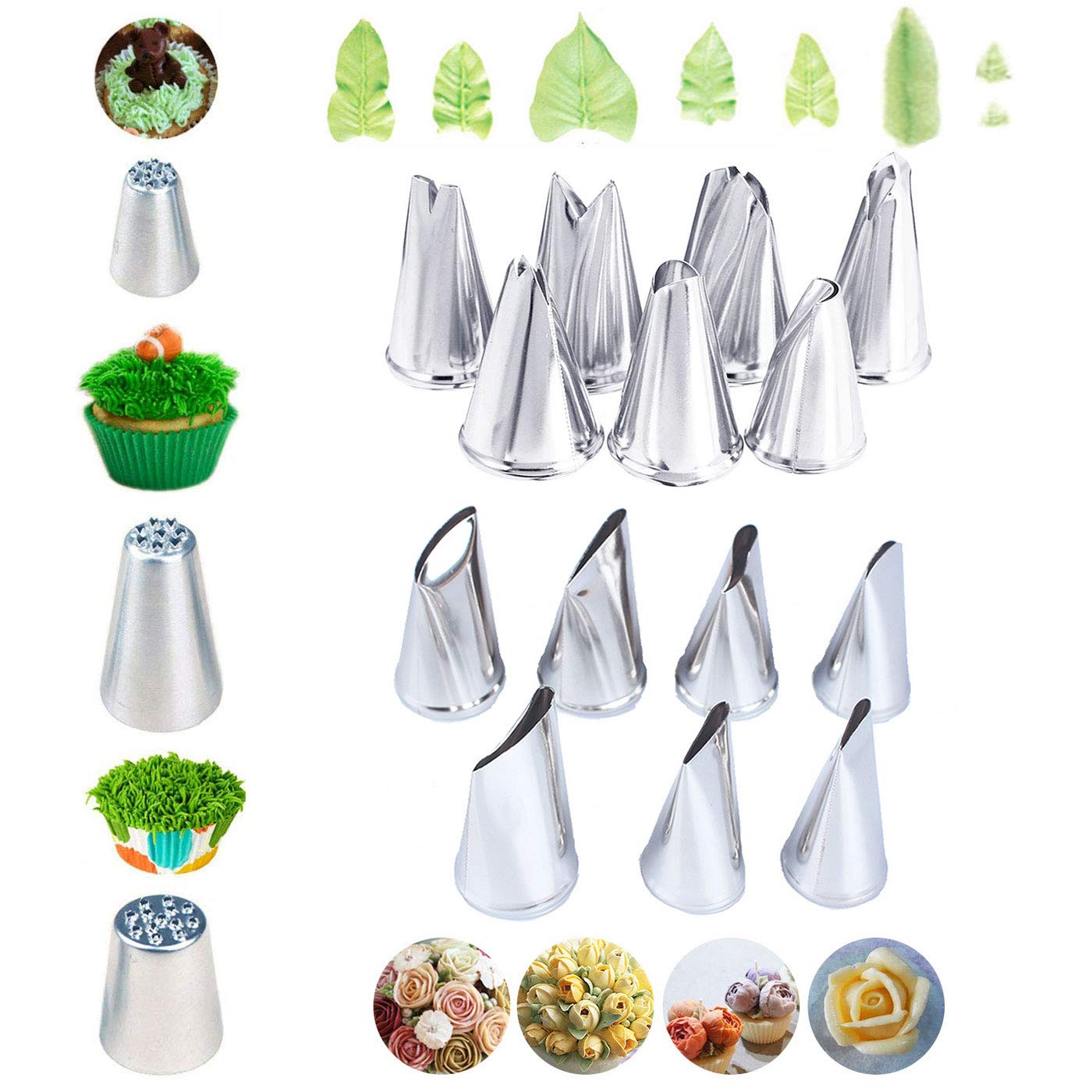 7 Pieces Large Piping Tips Set, 3Pieces Russian Grass Cream Tips Diy Decor Baking Tool And 7 Pieces Leaf Stainless Steel Piping