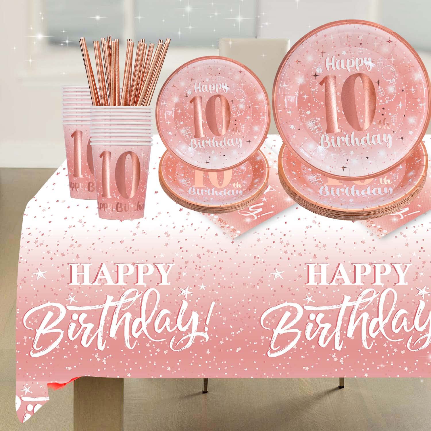 10Th Birthday Decorations For Girl - (Total 121Pcs) Rose Gold Birthday Supplies Plates And Napkins, Cups, Straws, Tablecloth, Di