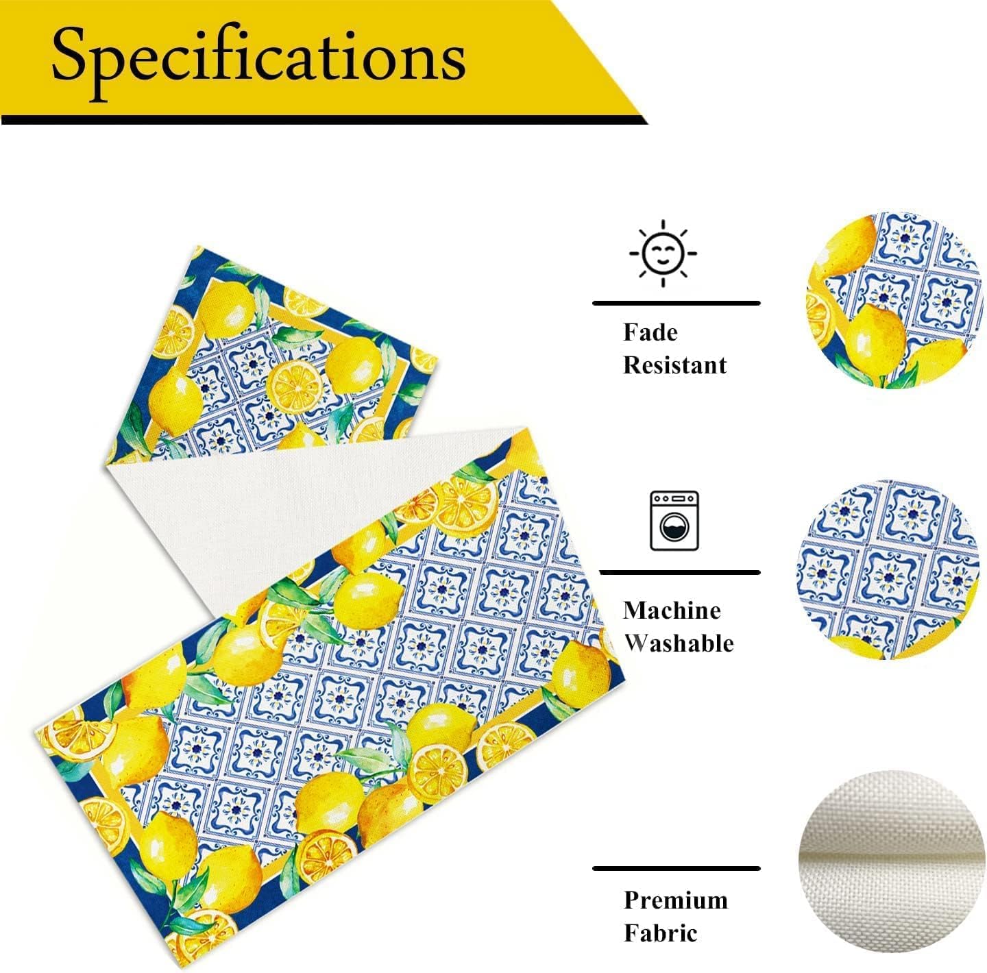 Whomeaf Capri Blue Lemon Table Runner Italy Tile Burlap Artificial Yellow Lemon Fruit Table Runners Farmhouse Coffee Table Cente
