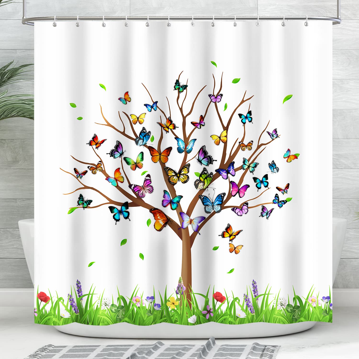 Lokigo Shower Curtain, Tree Shower Curtains For Bathroom, White Fabric Shower Curtain Colorful Floral Leaves Butterfly Shower Cu