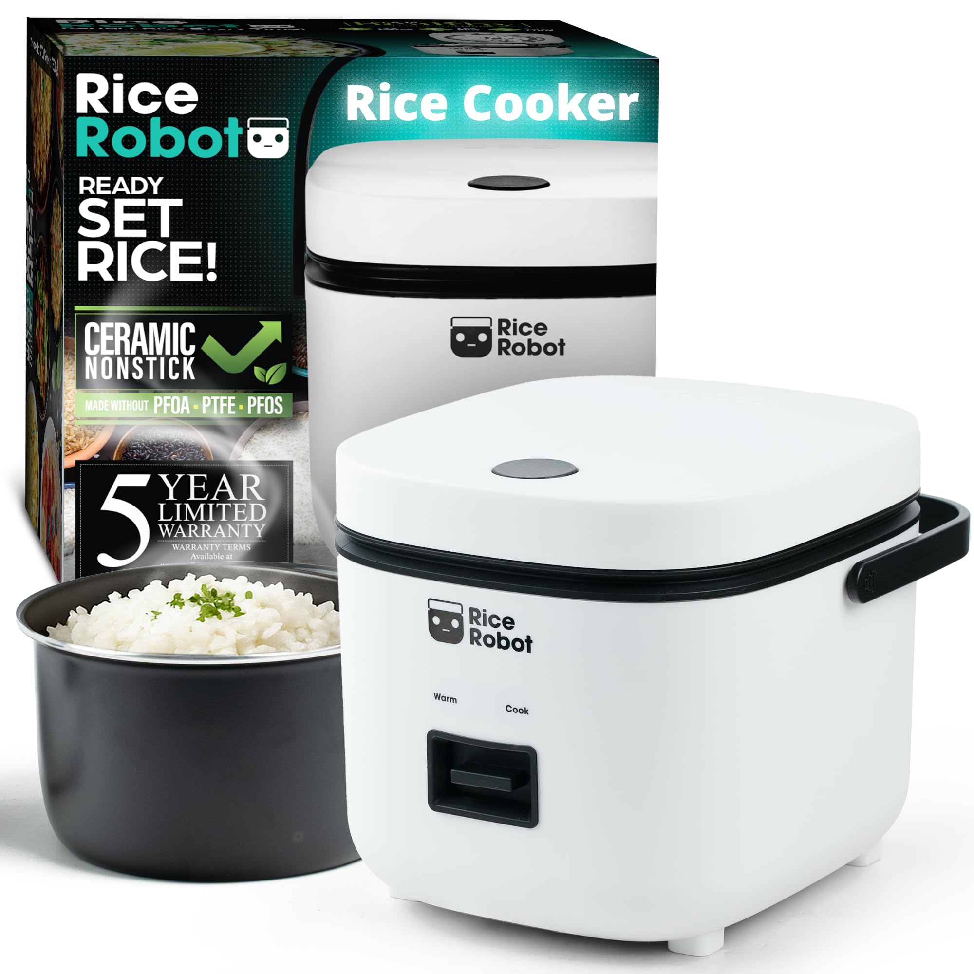Rice Robot Personal Rice Cooker, PFASfree, Nonstick. 1 Quart Capacity, with Stainless Steel Steamer Tray, Measuring Cups, Recip
