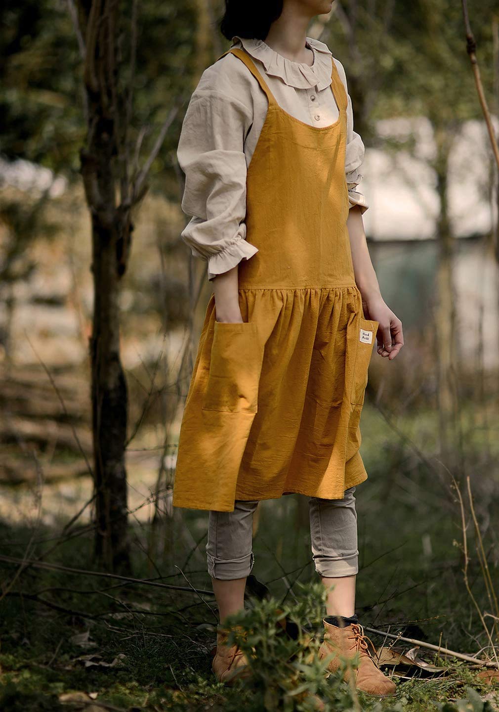 Faduofa Fashion Cotton Kitchen Apron Korean Style And Linen Cooking Waist For Cooking Baking Painting Gardening Cleaning (Yellow