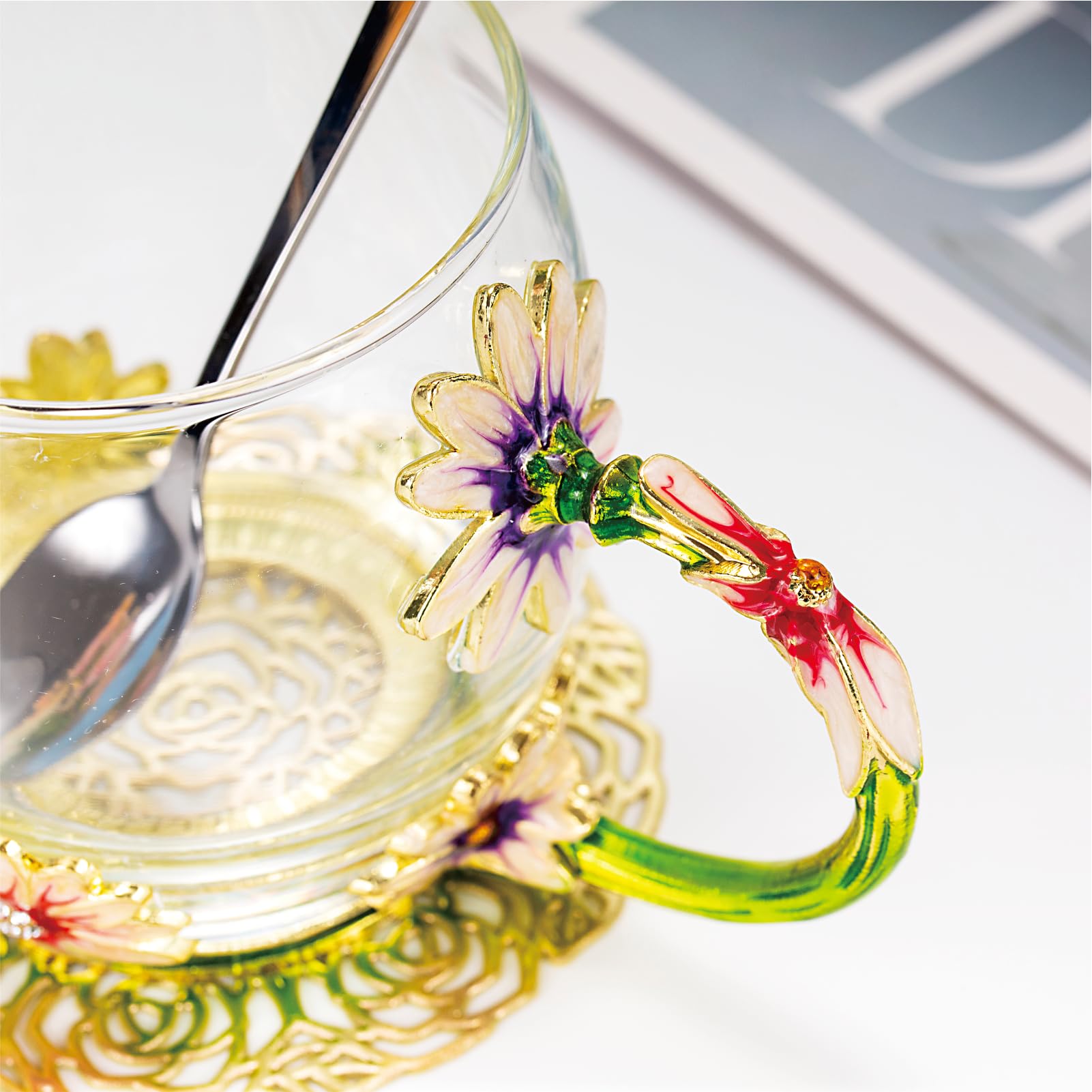 Flower Tea Cup ,Daisy Flower Clear Glass Fancy Coffee Cup with Spoon,Gift Box for Her Mom Wife Grandma Girls Friends Valentines