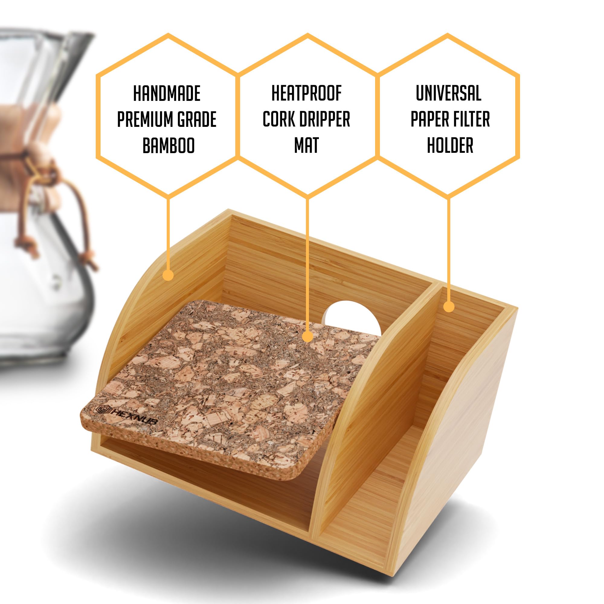 Hexnub - Caddy For Pour Over Coffee Maker, Bamboo Stand Fits Chemex, Bodum, Cosori Coffee Carafes, Heatproof Mat, Filter Holder