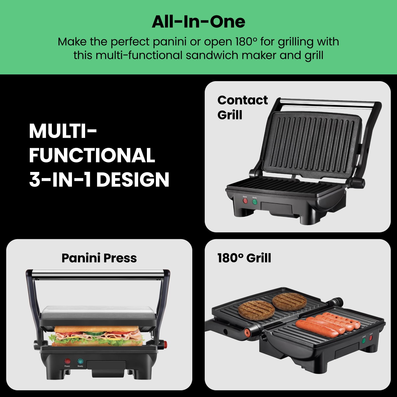 Chefman Electric Panini Press Grill And Gourmet Sandwich Maker W/ Non-Stick Coated Plates, Opens 180 Degrees To Fit Any Type Or