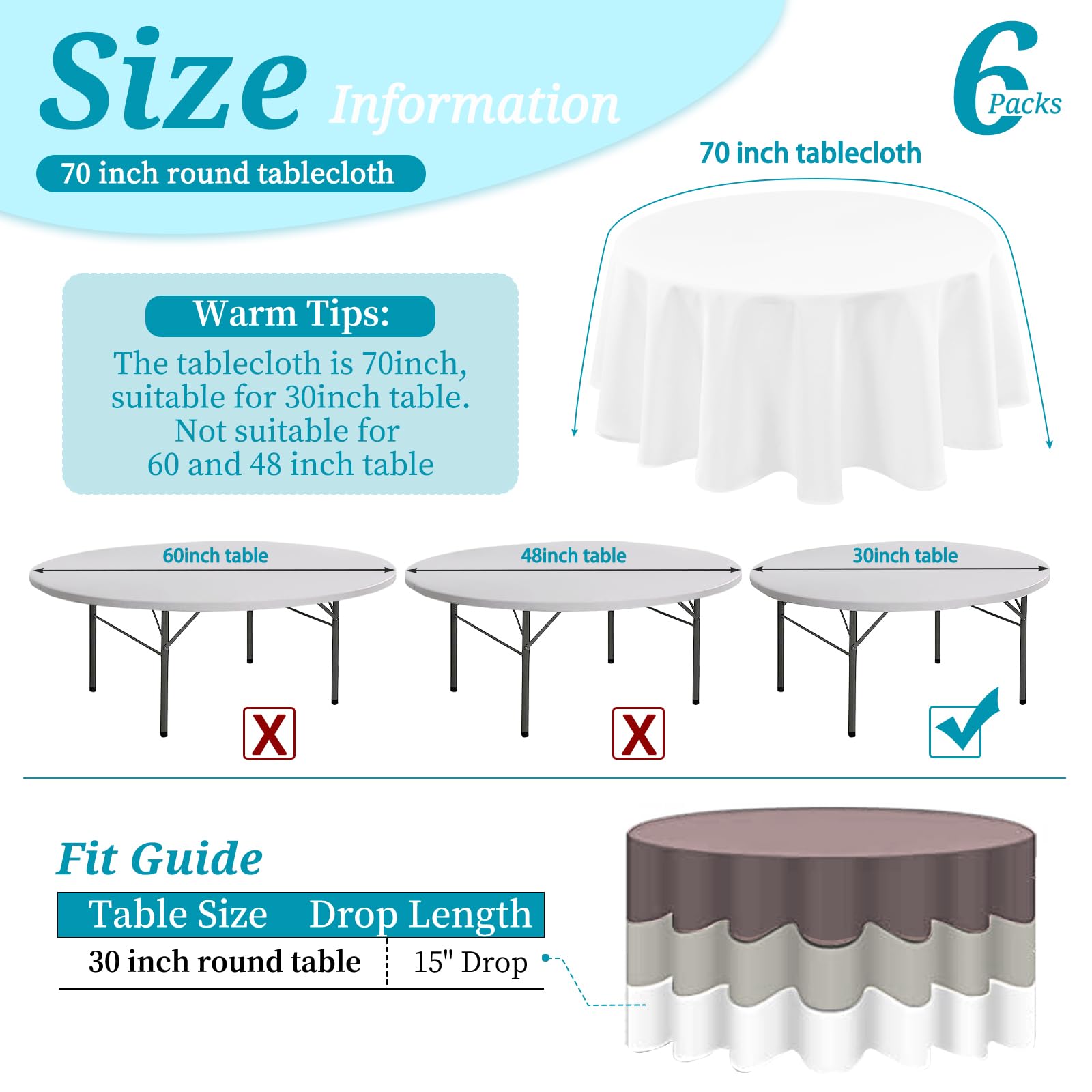 6 Pack Polyester Round Tablecloth 70 Inch White Table Cloths Water Resistant Polyester Cloth Round Tablecloths Washable Tableclo