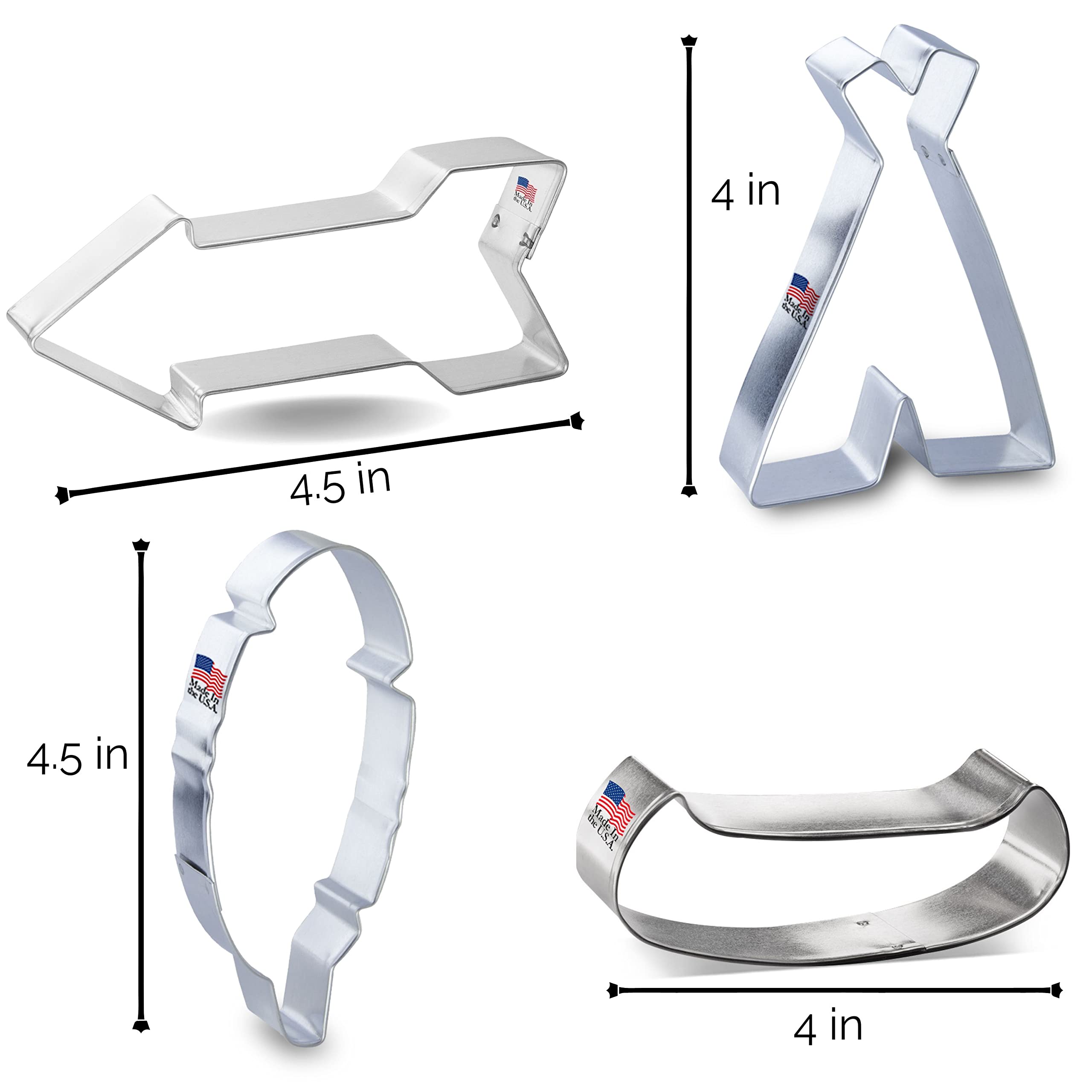 Foose Native Tribal Cookie Cutter Set - 4.5 In Feather, 4 In Canoe, 4 In Tepee, 4.5 In Arrow - Usa Made - Cookie Recipe Included