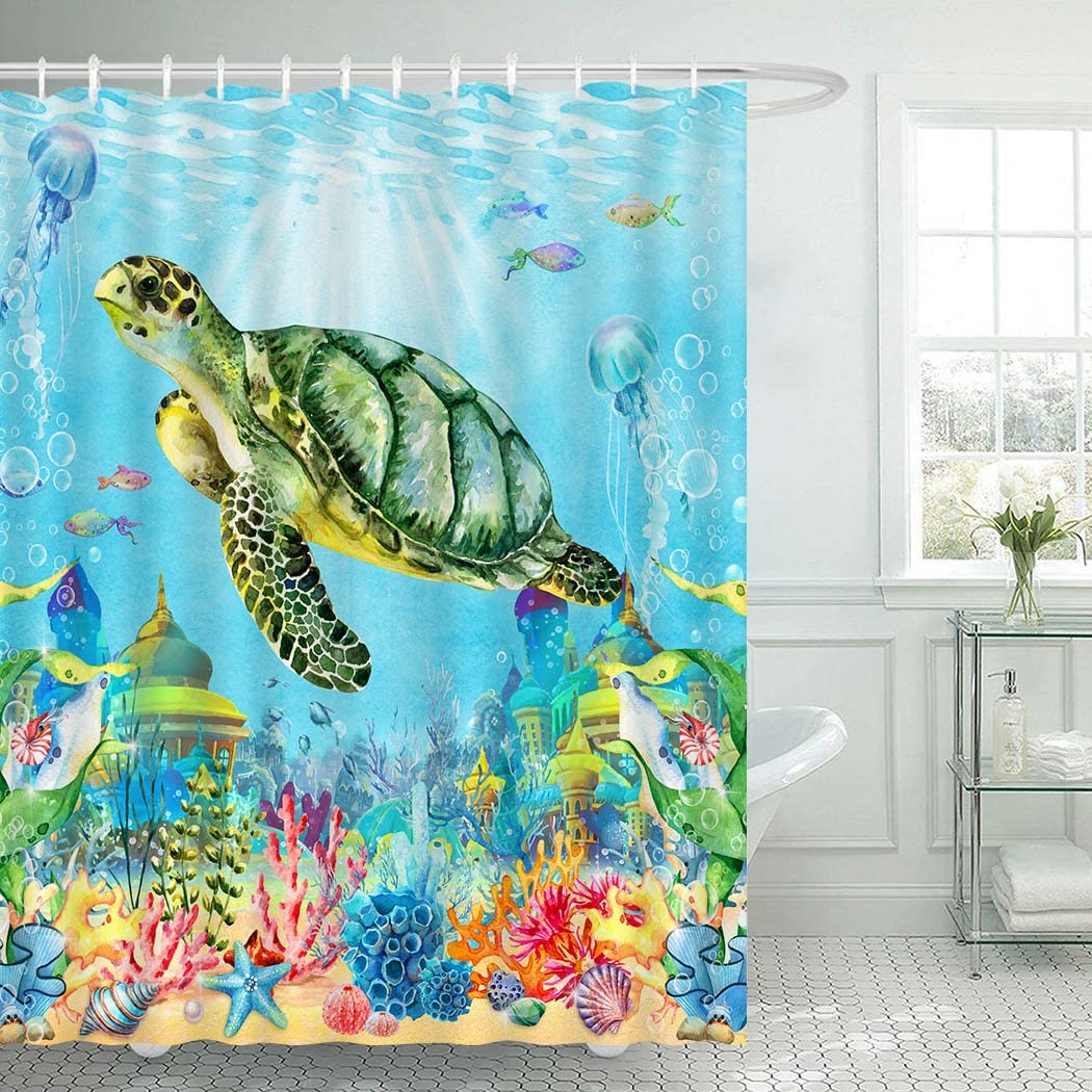 Juirnost Sea Turtle Shower Curtain Ocean Shower Curtain For Bathroom Underwater Seashell Tropical Marine Animal Nautical Beach S