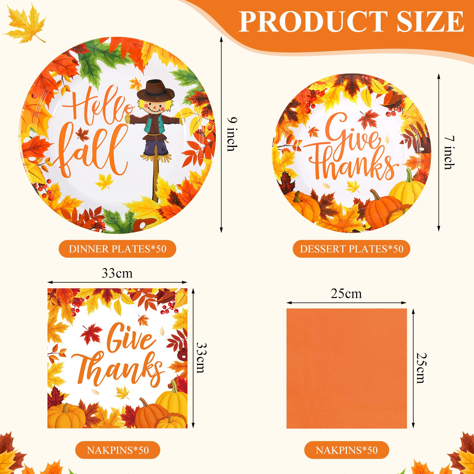 Funnymoom 200 Pcs Fall Thanksgiving Tableware Give Thanks Hello Fall Pumpkins Disposable Paper Dinner Dessert Plates Maple Leave