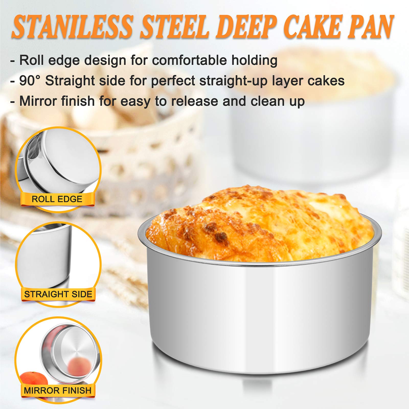 E-Far 8 X 3 Inch Round Cake Pans, Stainless Steel Deep Cake Baking Pan For Layer Cake Chiffon Cheesecake, Healthy Metal Cake Tin