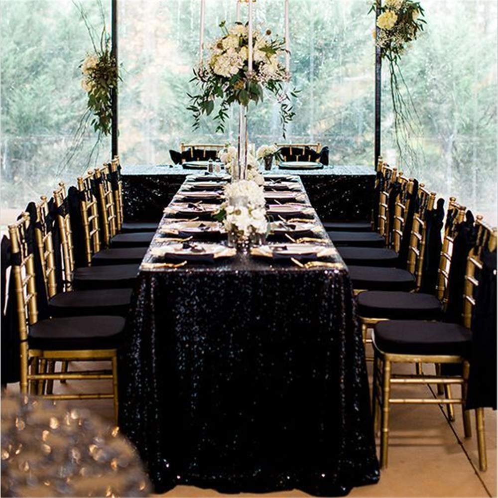 Queendream Tablecloth 90X156 Rectangle Sequin Tablecloth Black Wedding Table Linens Glitter Birthday Bridal Party Indoor Outdoor