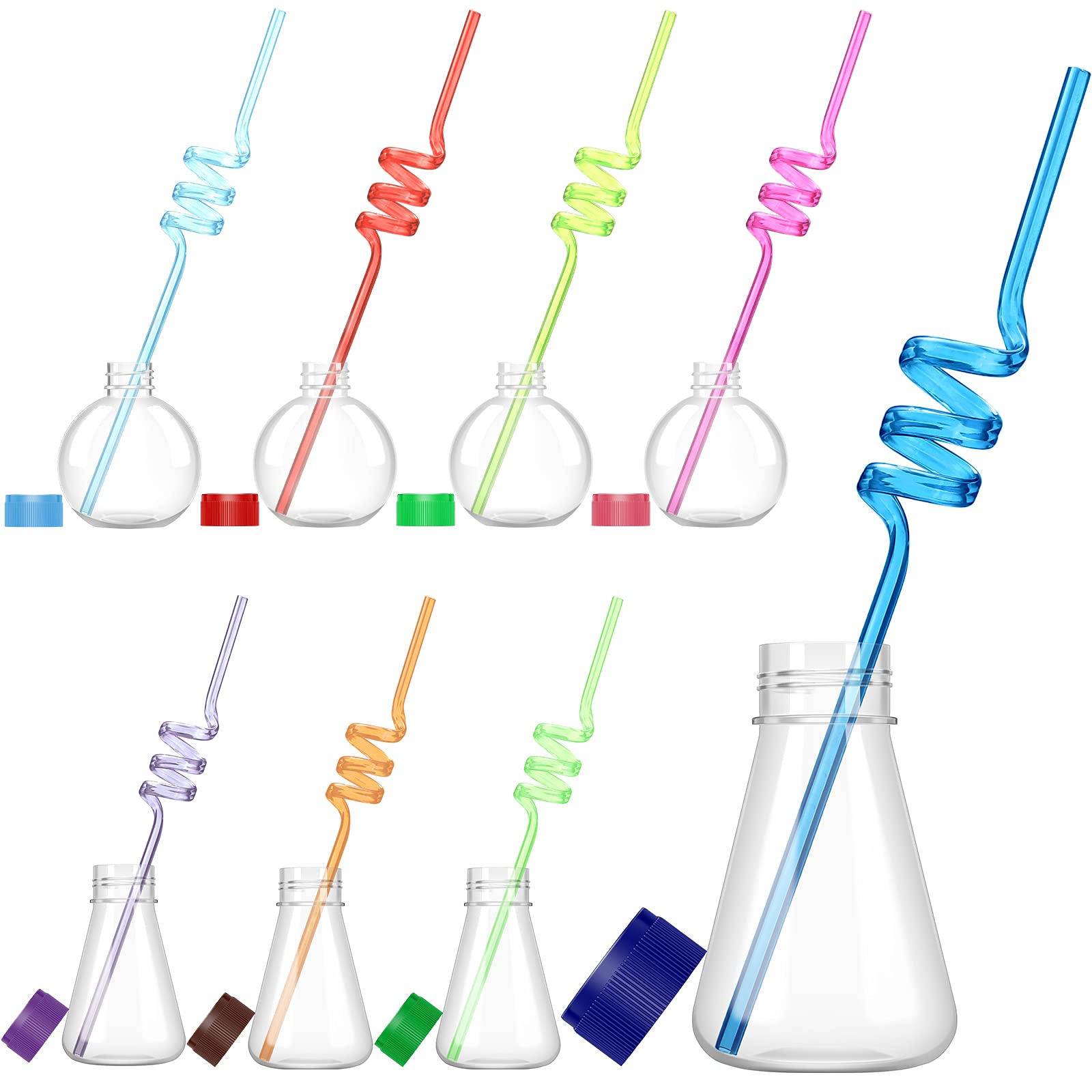 Honeydak Science Party Theme Cups Set with Silly Loop Straws, Plastic Reusable Conical Flask Round Bottom Flask Shape Bottles an