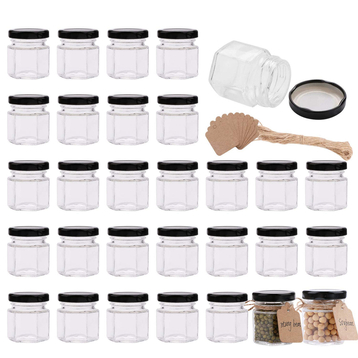 Encheng 1.5 Oz Clear Hexagon Jars,Small Glass Jars With Lids(Black),Mason Jars For Herbs,Foods,Jams,Liquid,Mini Spice Jars For S