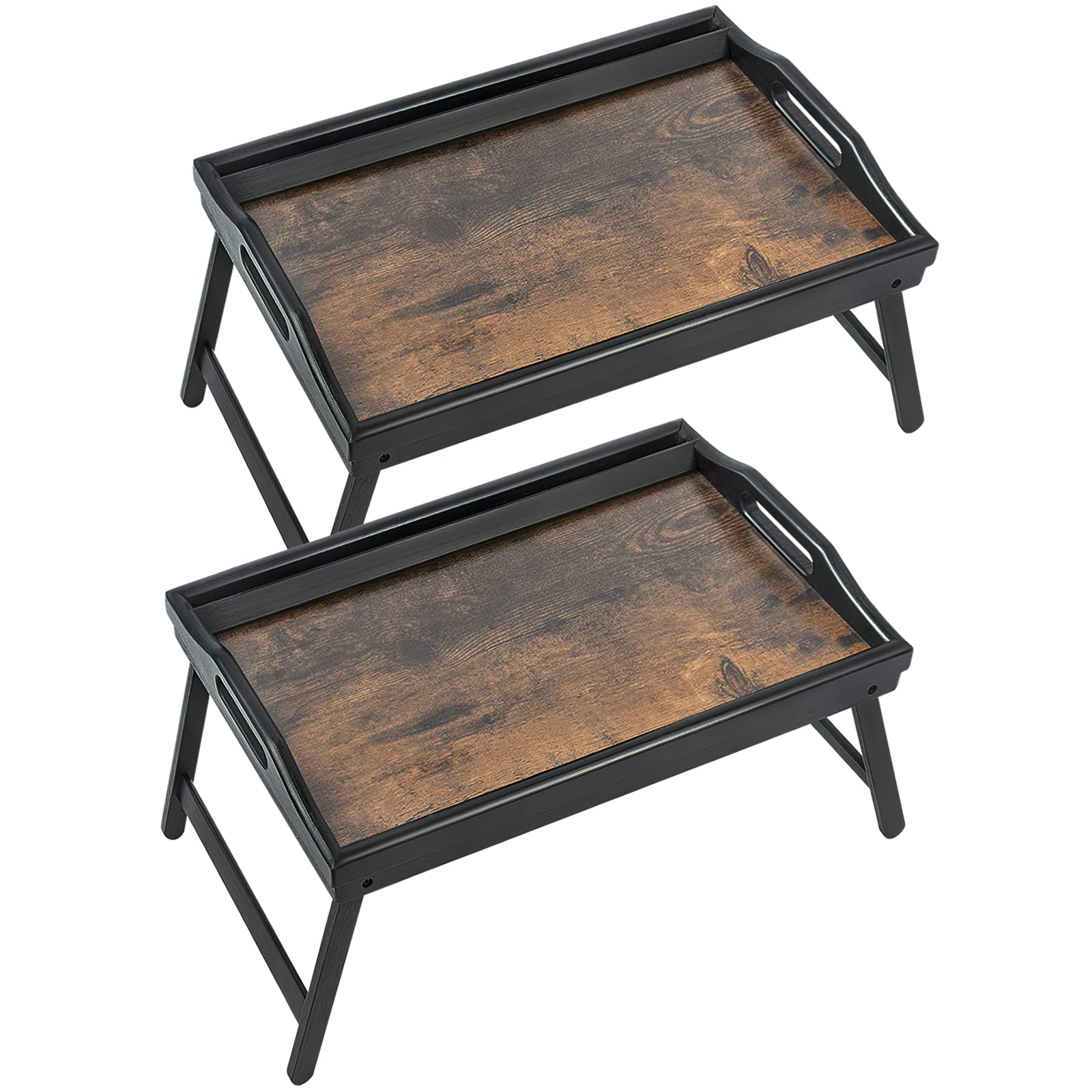 2 Pack Bed Tray Table Breakfast Trays Serving Tray Bamboo Bed Laptap Floding Legs With Handles And Phone Holders