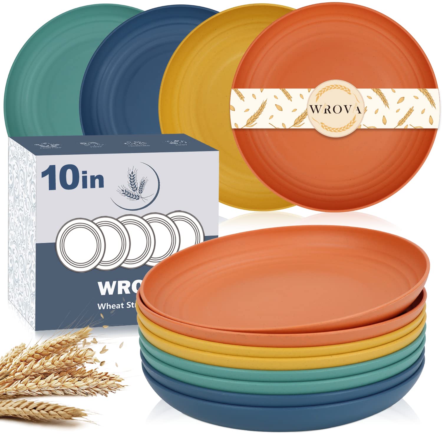Wrova Wheat Straw Plates - 10 Inch Unbreakable Dinner Plates Set of 8 - Dishwasher & Microwave Safe Plastic Plates Reusable - Li
