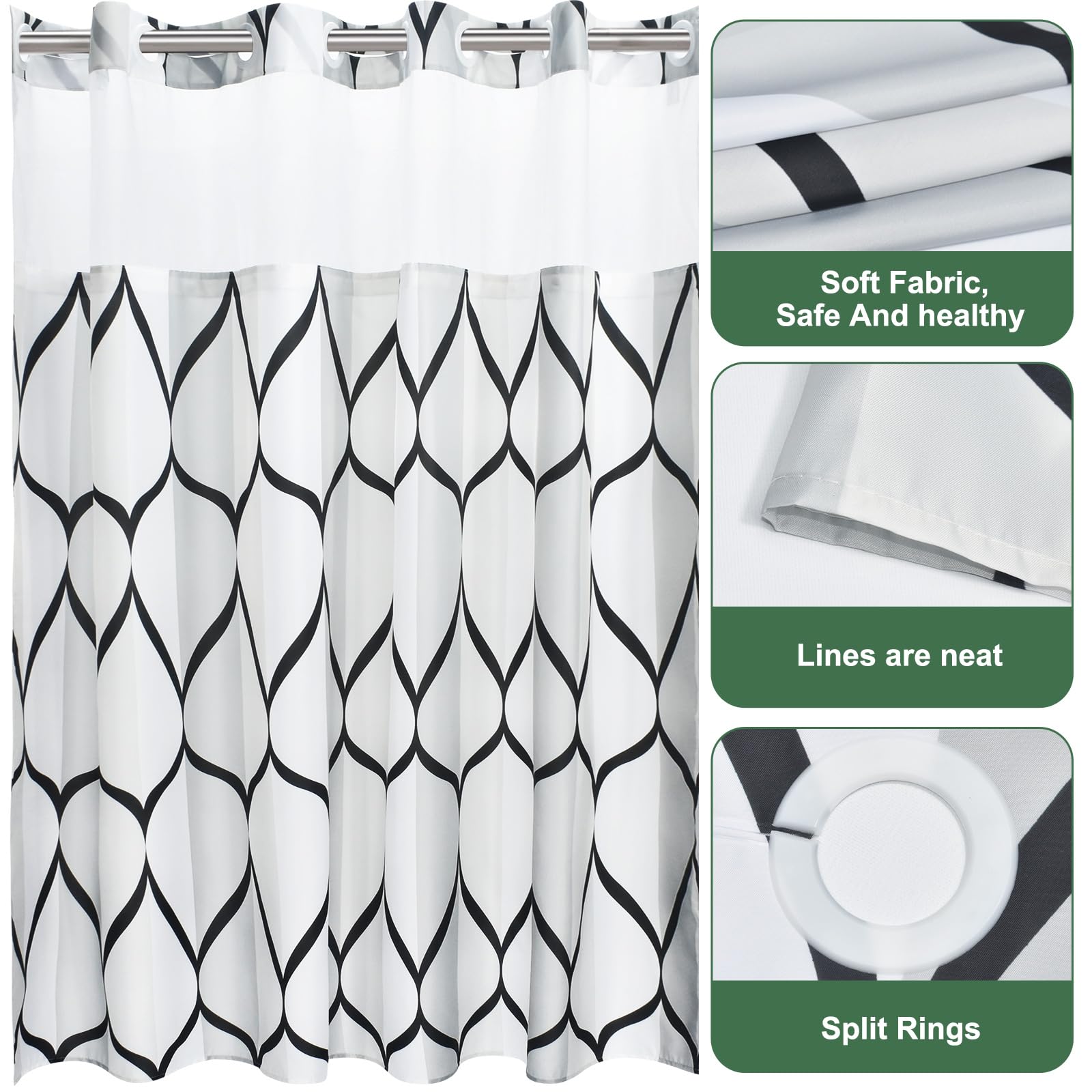 Yiatn No Hook Needed White Shower Curtain With Snap In Fabric Liner Set - Hotel Style With See Through Mesh Top Window, Modern G