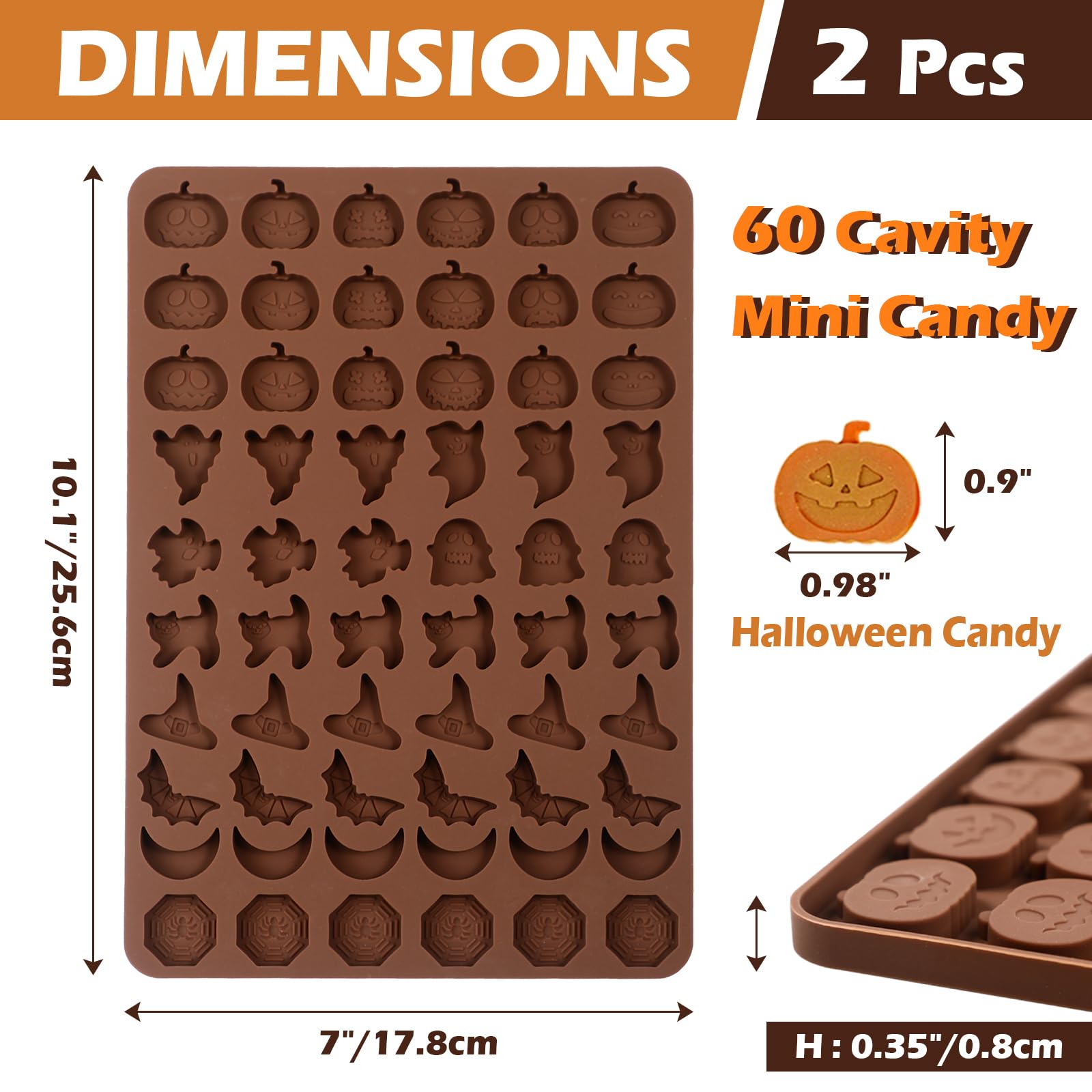 Kamehame Halloween Candy Gummy Mold, 2 Pieces 60 Cavity Mini Pumpkin Ghost Vampire Cat Hat Bat Moon Spider Web Silicone Molds Fo