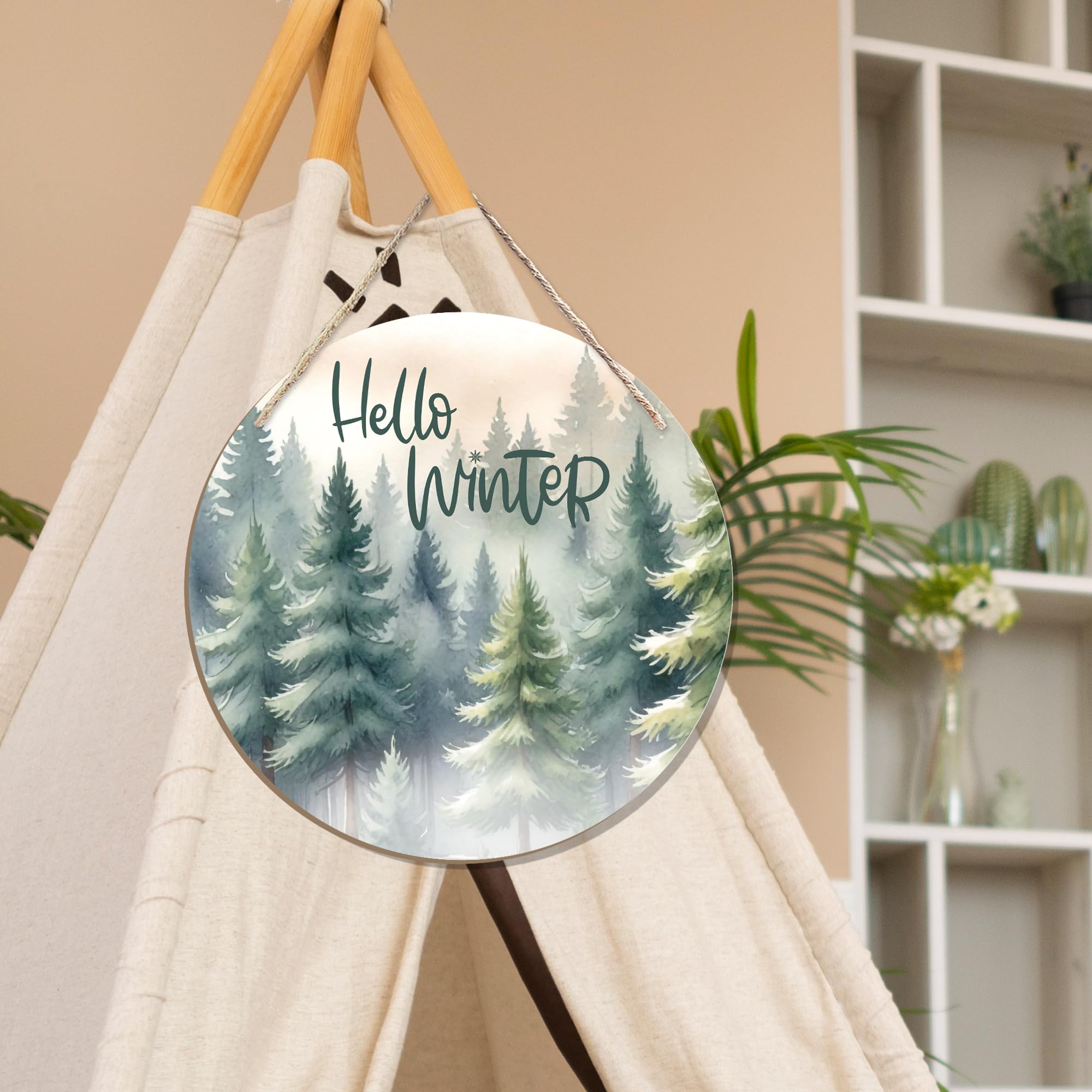 CGBHW Hello Winter Welcome Forest Wooden Sign, Winter Farmhouse Pine Trees Holiday Seasonal Decoration Hanging Sign Wall Decor,
