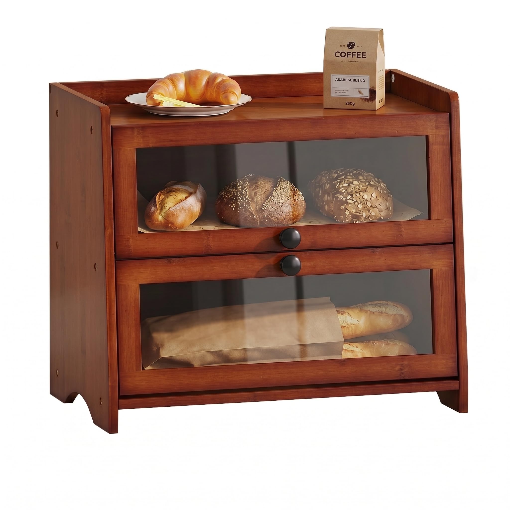 Plusinthebox Brown Bread Box for Kitchen Countertop, 2 Tier Large Capacity Wooden Bread Storage Container, Farmhouse Bread Keepe