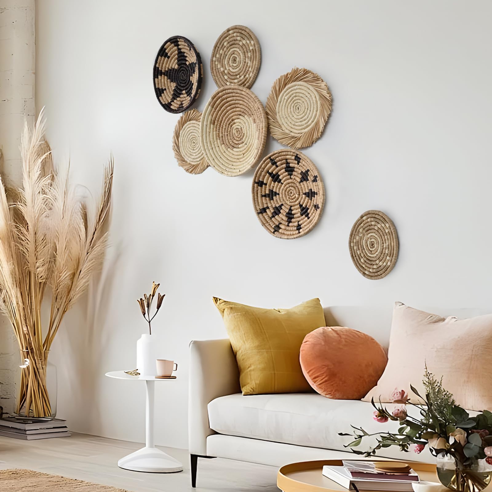 Coyacool Hanging Woven Wall Basket Decor - Wicker Wall Baskets Decor Boho Flat Set Of 7 - Boho Wall Decor Art - African Baskets