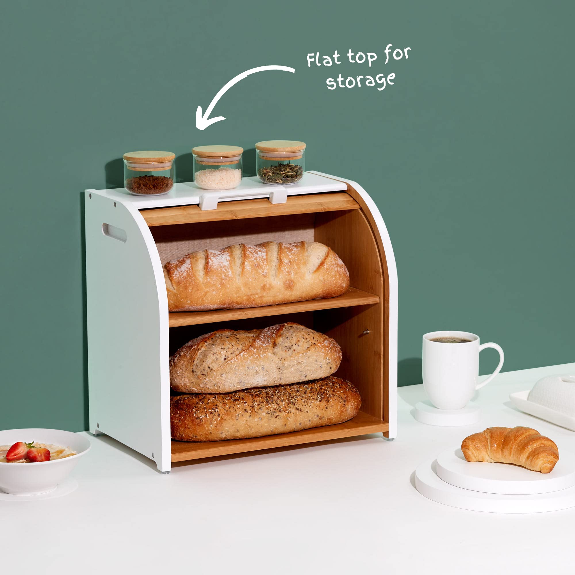 Homefully Bamboo Double Layer Bread Box, Extra Large Roll Top, White, Model BB638